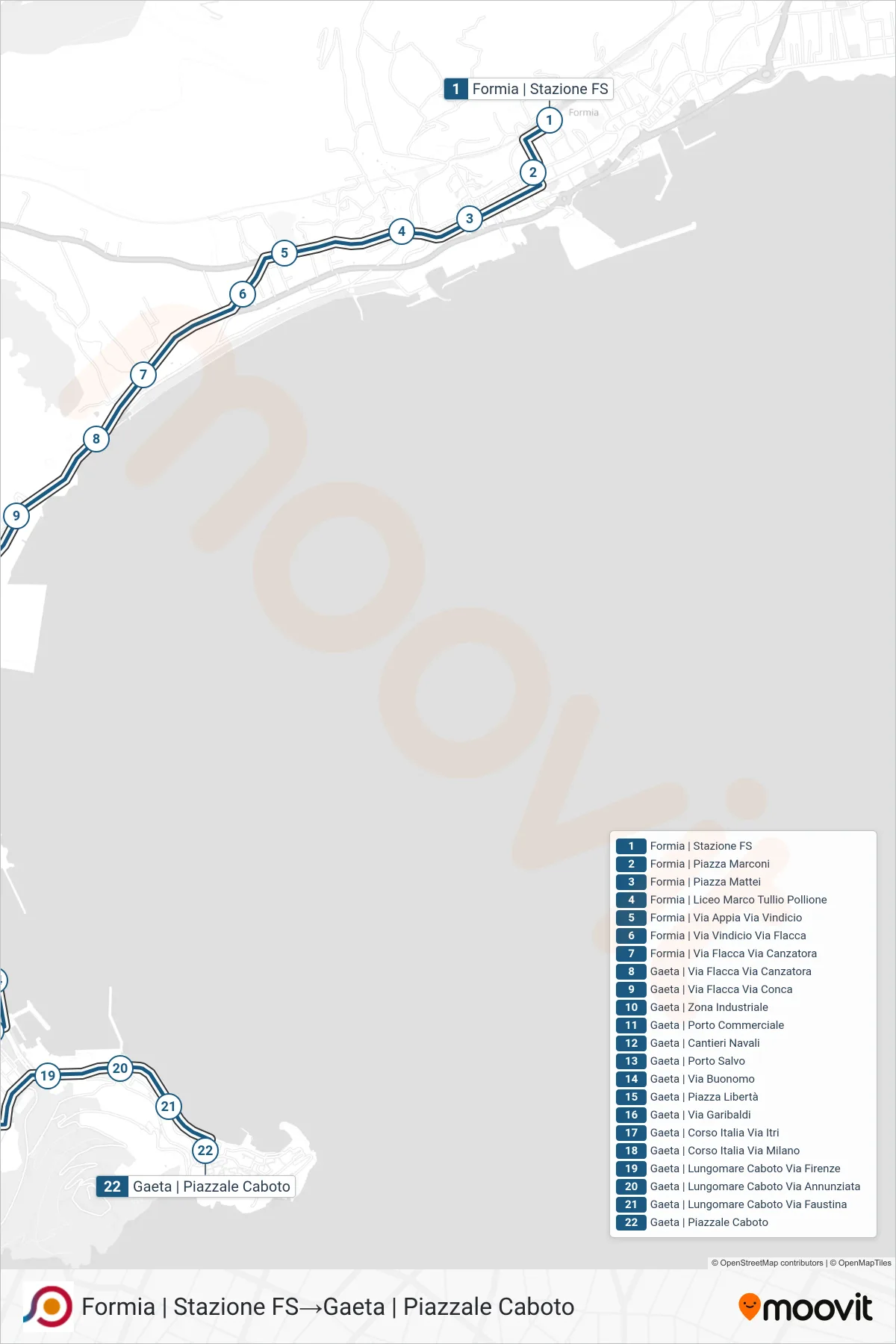 Linea COTRAL bus (Formia | Stazione FS→Gaeta | Piazzale Caboto) - Percorsi e fermate sulla mappa