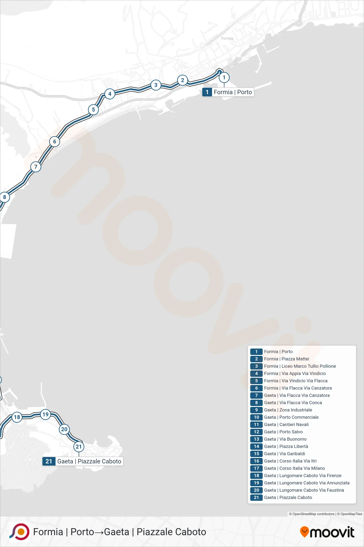 Linea COTRAL bus (Formia | Porto→Gaeta | Piazzale Caboto) - Percorsi e fermate sulla mappa