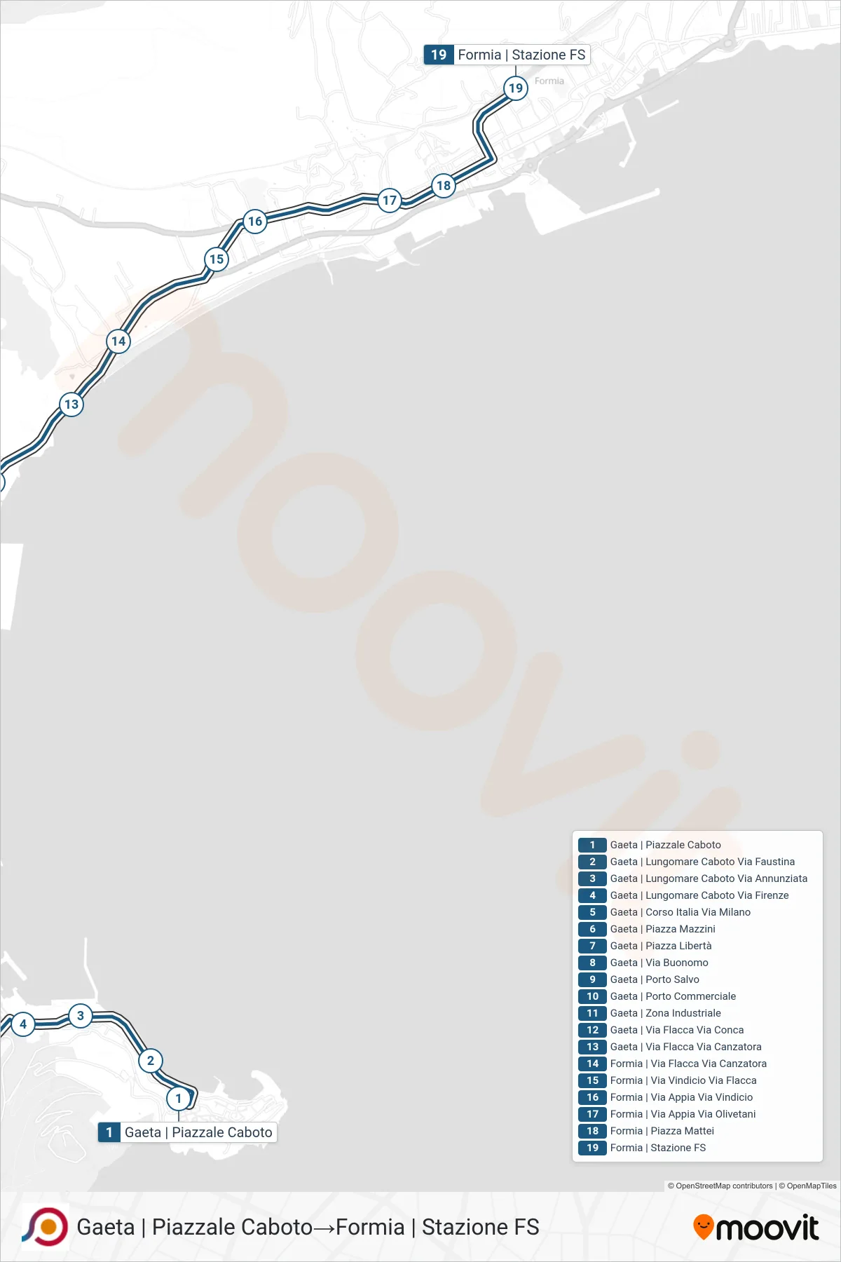 Linea COTRAL bus (Gaeta | Piazzale Caboto→Formia | Stazione FS) - Percorsi e fermate sulla mappa