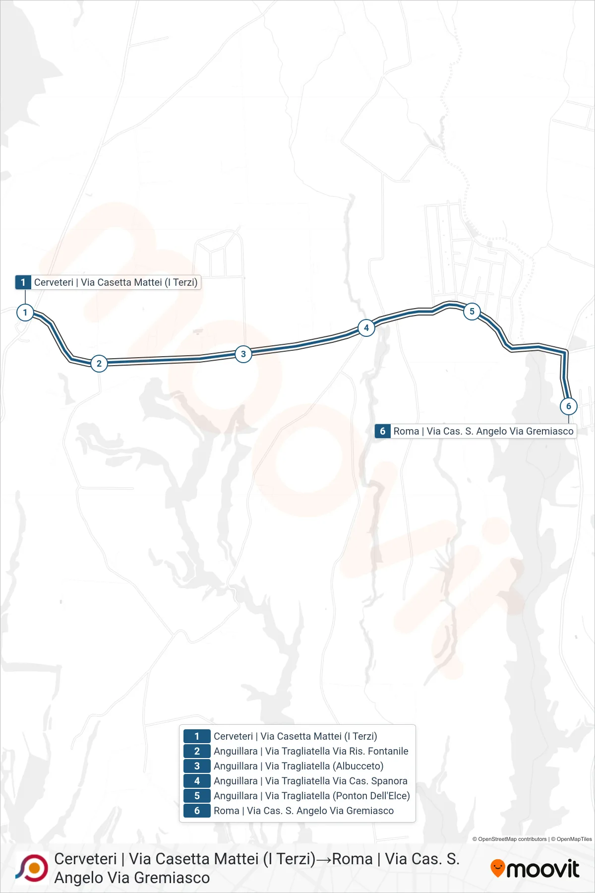 Linea COTRAL bus (Cerveteri | Via Casetta Mattei (I Terzi)→Roma | Via Cas. S. Angelo Via Gremiasco) - Percorsi e fermate sulla mappa