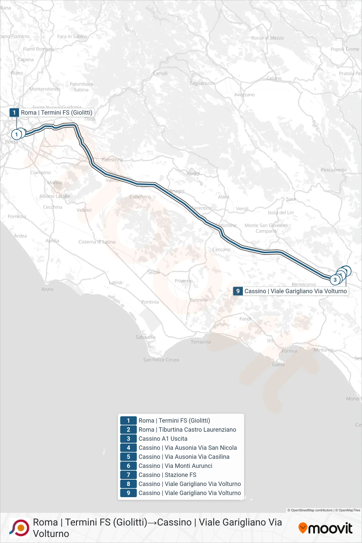 Linea COTRAL bus (Roma | Termini FS (Giolitti)→Cassino | Viale Garigliano Via Volturno) - Percorsi e fermate sulla mappa