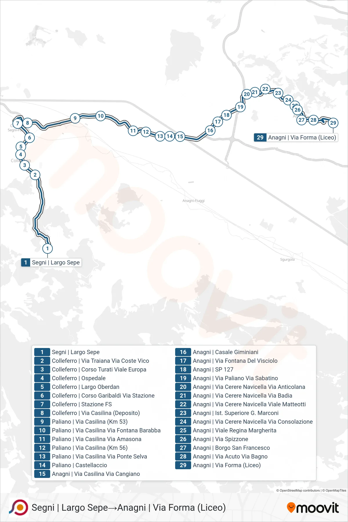 Linea COTRAL bus (Segni | Largo Sepe→Anagni | Via Forma (Liceo)) - Percorsi e fermate sulla mappa