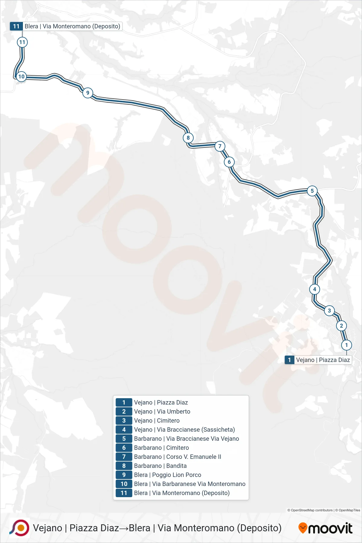 Linea COTRAL bus (Vejano | Piazza Diaz→Blera | Via Monteromano (Deposito)) - Percorsi e fermate sulla mappa