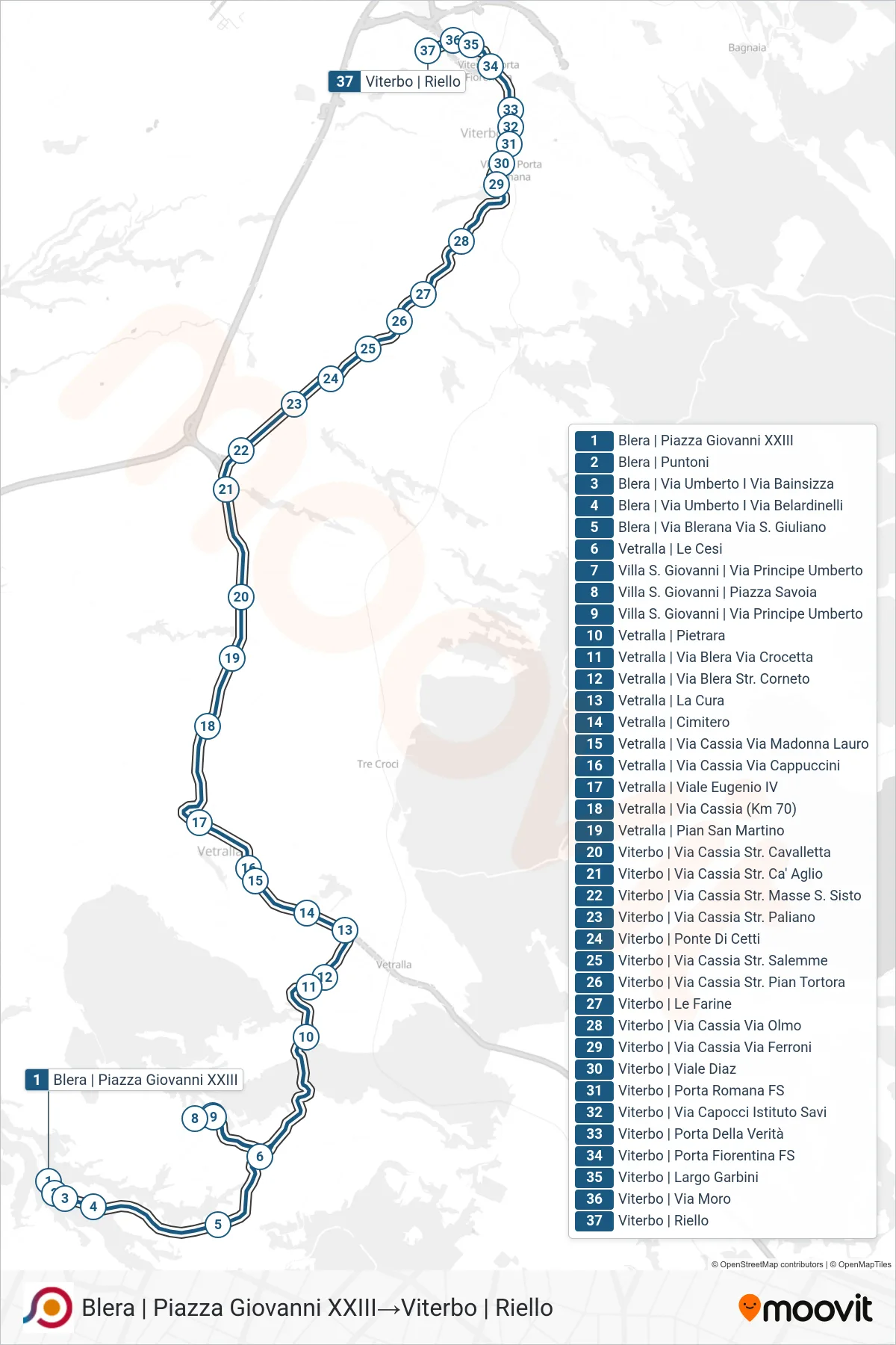 Linea COTRAL bus (Blera | Piazza Giovanni XXIII→Viterbo | Riello) - Percorsi e fermate sulla mappa