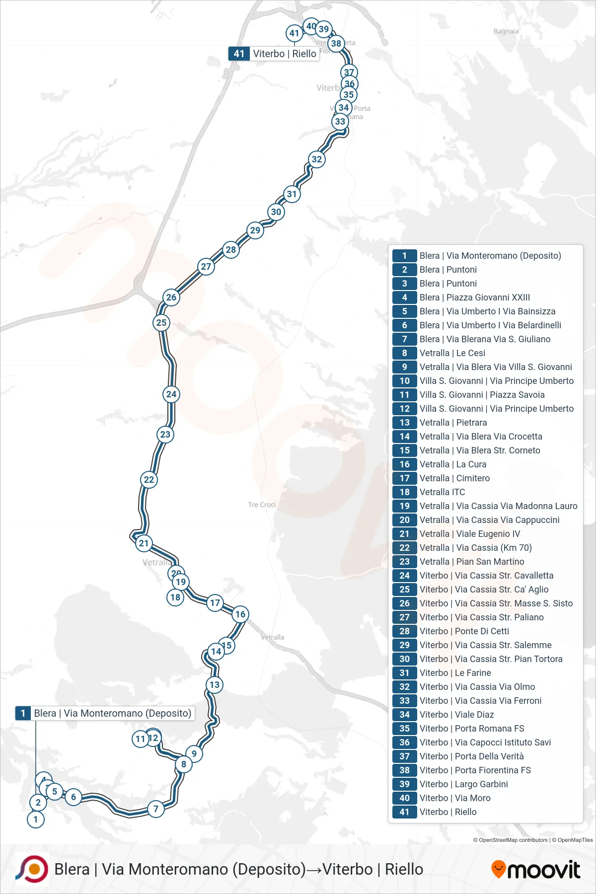 Linea COTRAL bus (Blera | Via Monteromano (Deposito)→Viterbo | Riello) - Percorsi e fermate sulla mappa