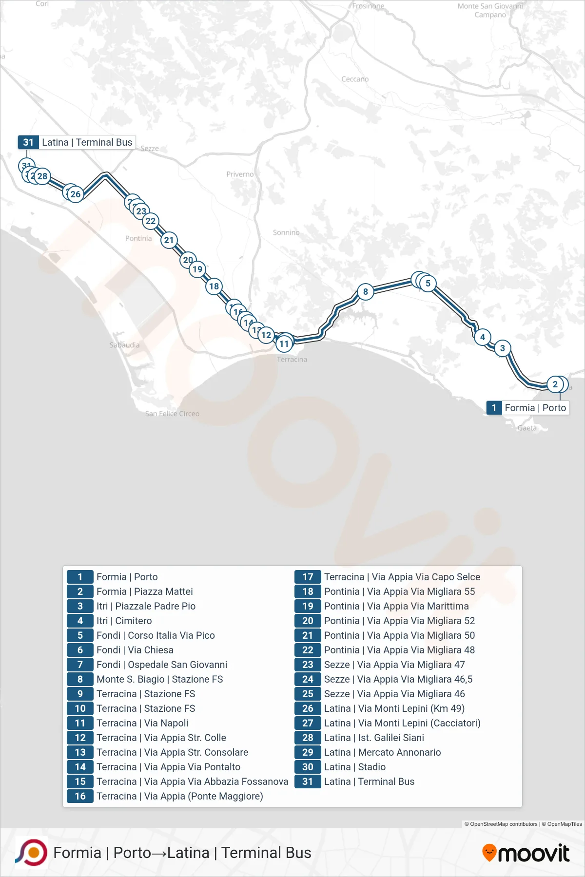 Linea COTRAL bus (Formia | Porto→Latina | Terminal Bus) - Percorsi e fermate sulla mappa