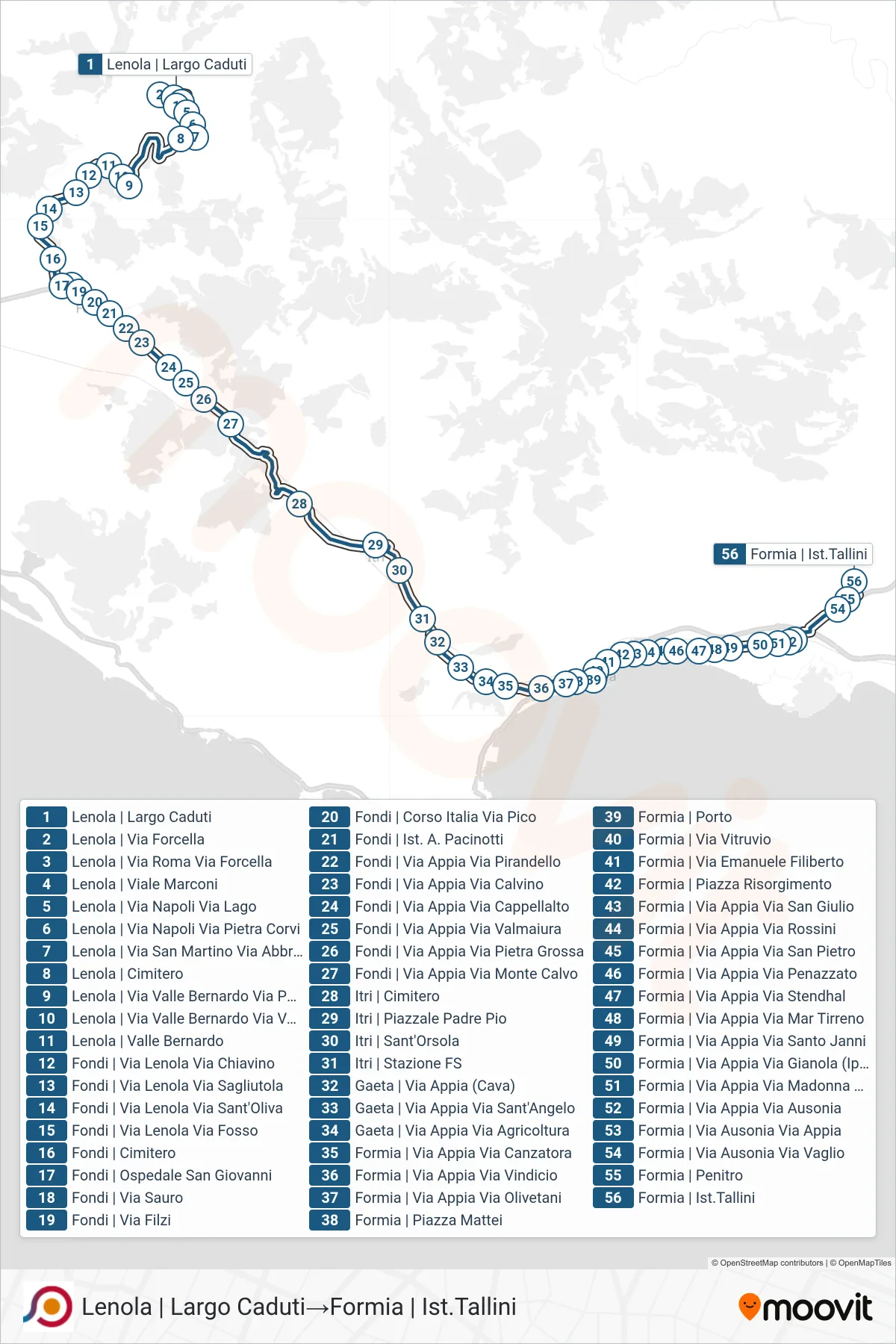 Linea COTRAL bus (Lenola | Largo Caduti→Formia | Ist.Tallini) - Percorsi e fermate sulla mappa
