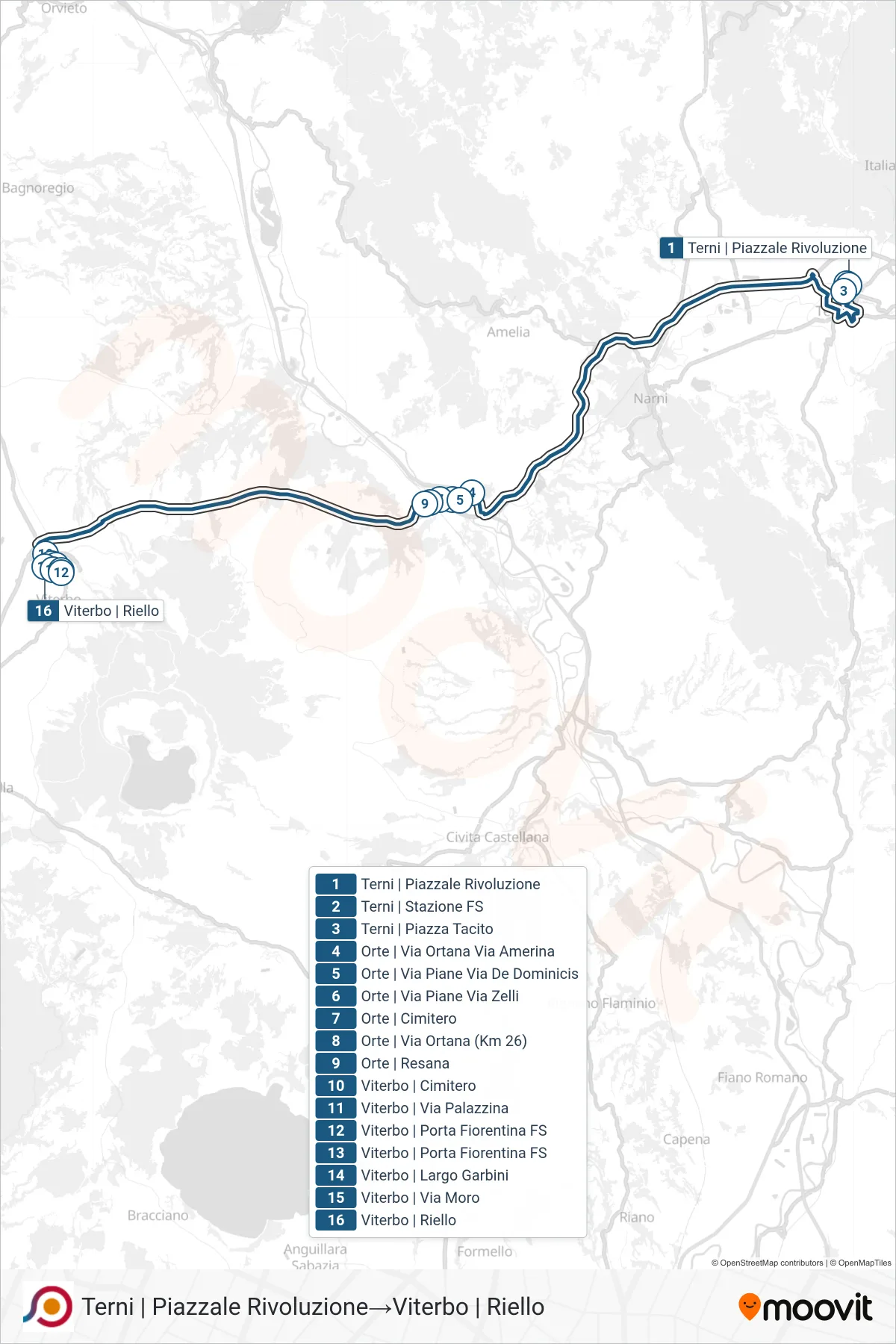 Linea COTRAL bus (Terni | Piazzale Rivoluzione→Viterbo | Riello) - Percorsi e fermate sulla mappa