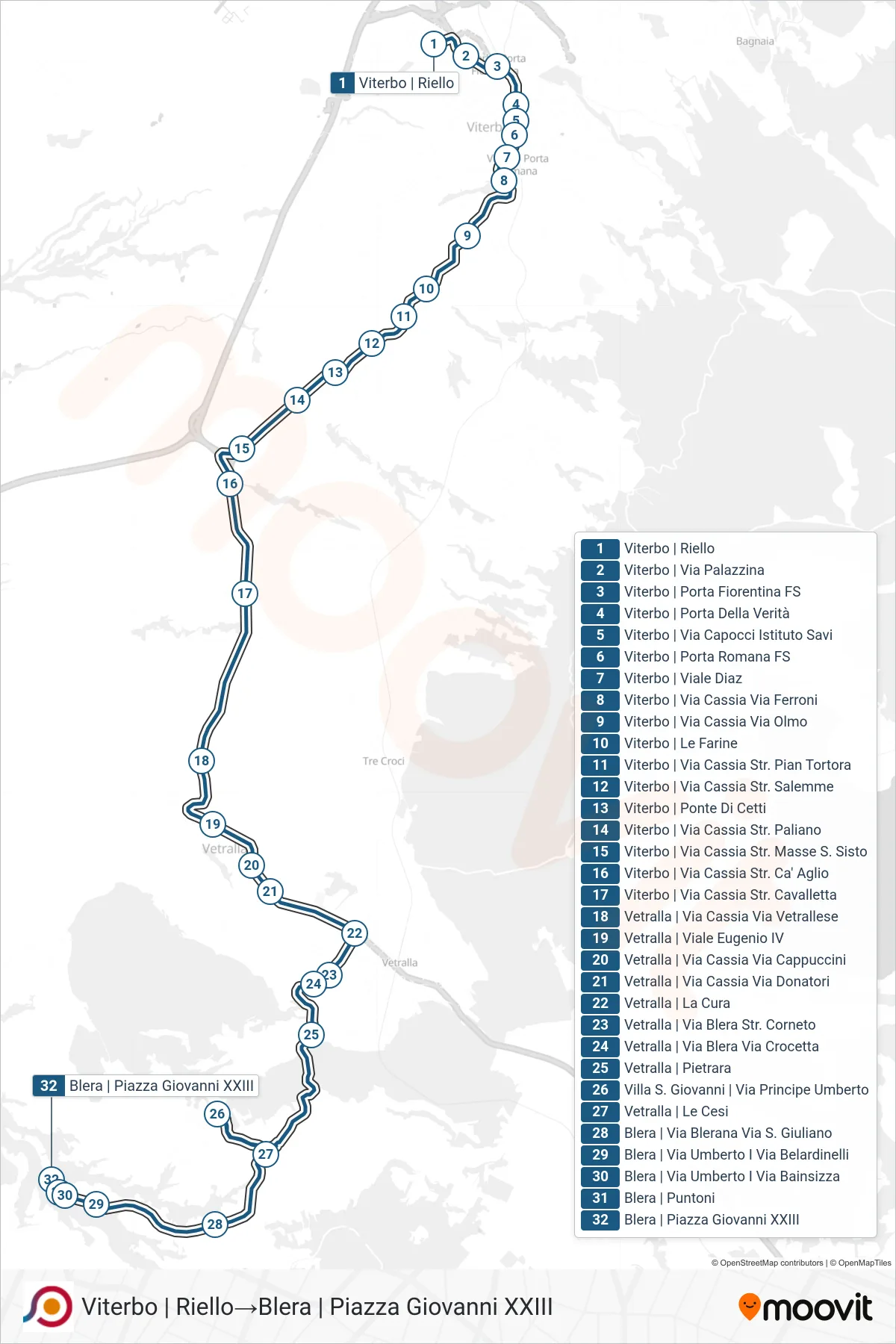 Linea COTRAL bus (Viterbo | Riello→Blera | Piazza Giovanni XXIII) - Percorsi e fermate sulla mappa