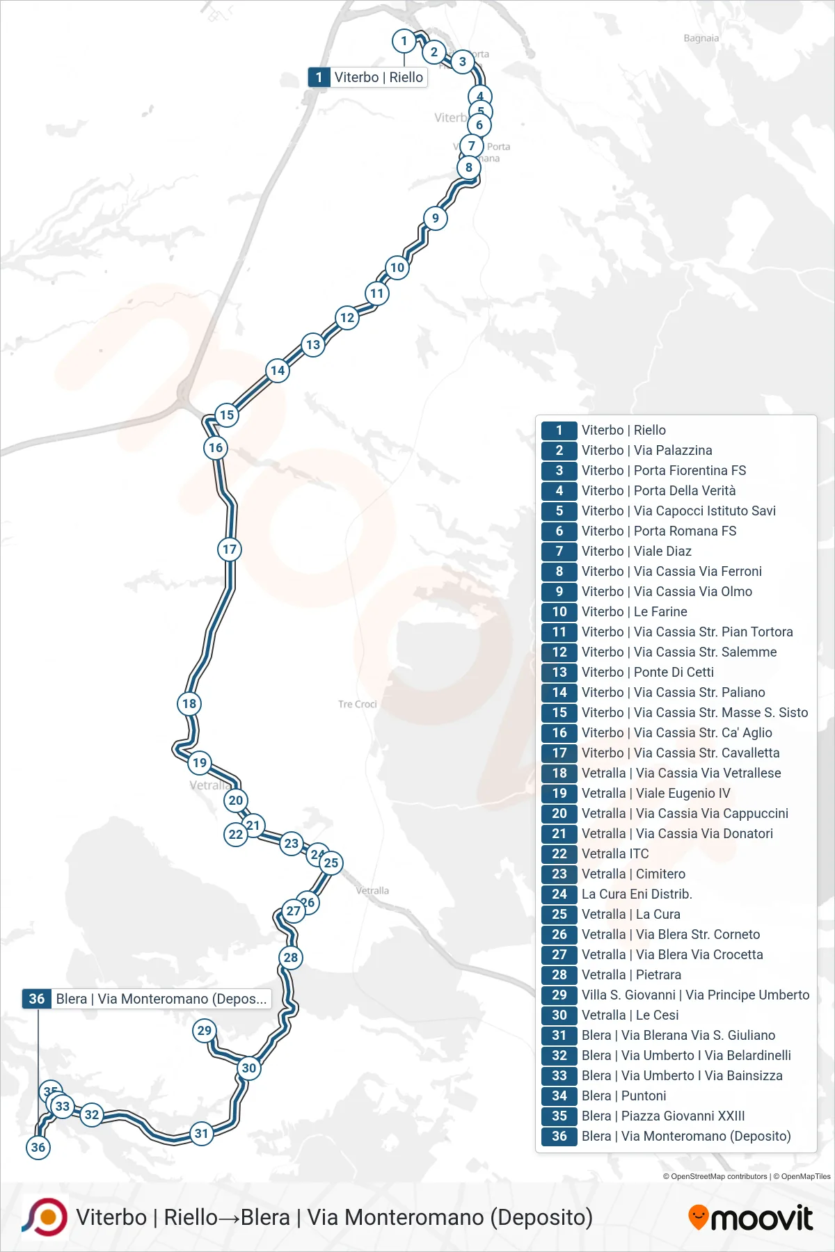 Linea COTRAL bus (Viterbo | Riello→Blera | Via Monteromano (Deposito)) - Percorsi e fermate sulla mappa