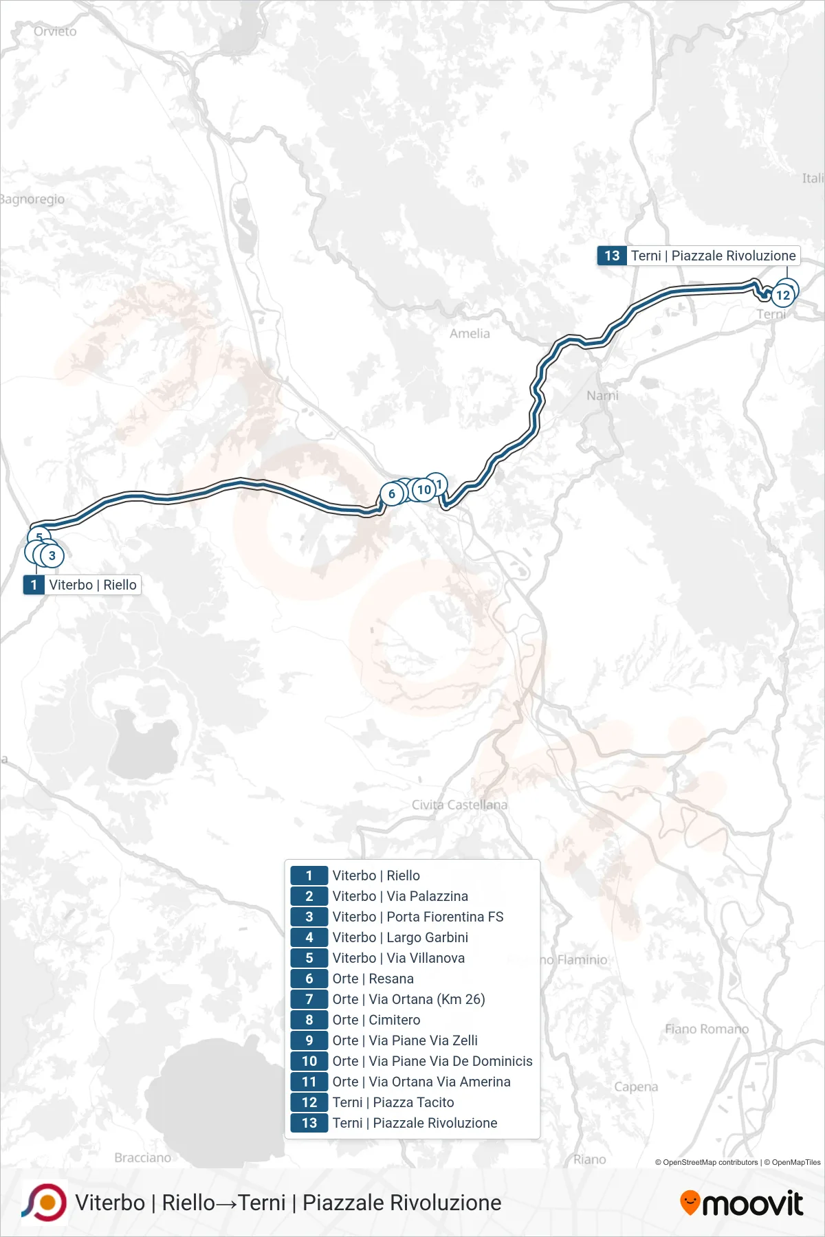 Linea COTRAL bus (Viterbo | Riello→Terni | Piazzale Rivoluzione) - Percorsi e fermate sulla mappa