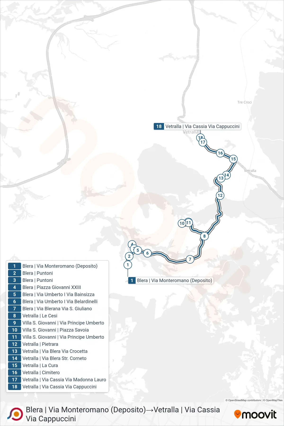 Linea COTRAL bus (Blera | Via Monteromano (Deposito)→Vetralla | Via Cassia Via Cappuccini) - Percorsi e fermate sulla mappa