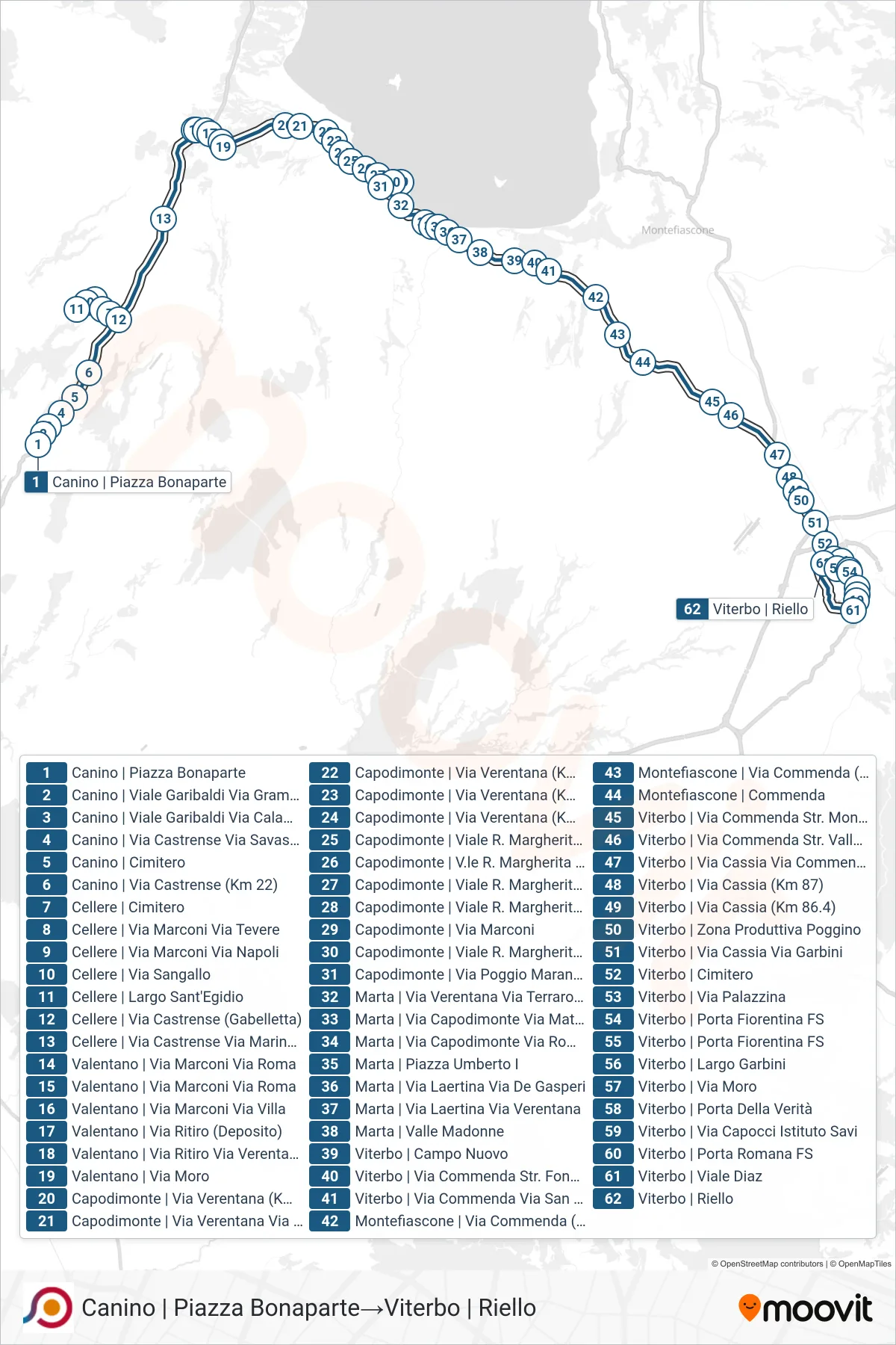 Linea COTRAL bus (Canino | Piazza Bonaparte→Viterbo | Riello) - Percorsi e fermate sulla mappa