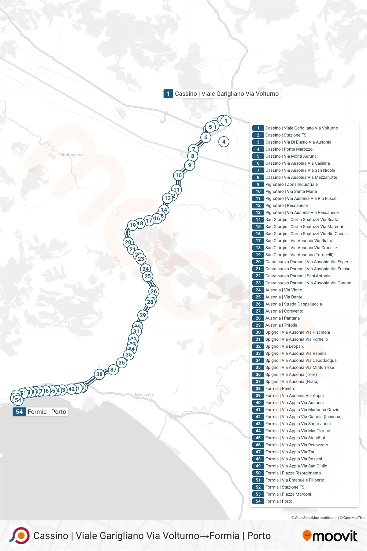 Linea COTRAL bus (Cassino | Viale Garigliano Via Volturno→Formia | Porto) - Percorsi e fermate sulla mappa