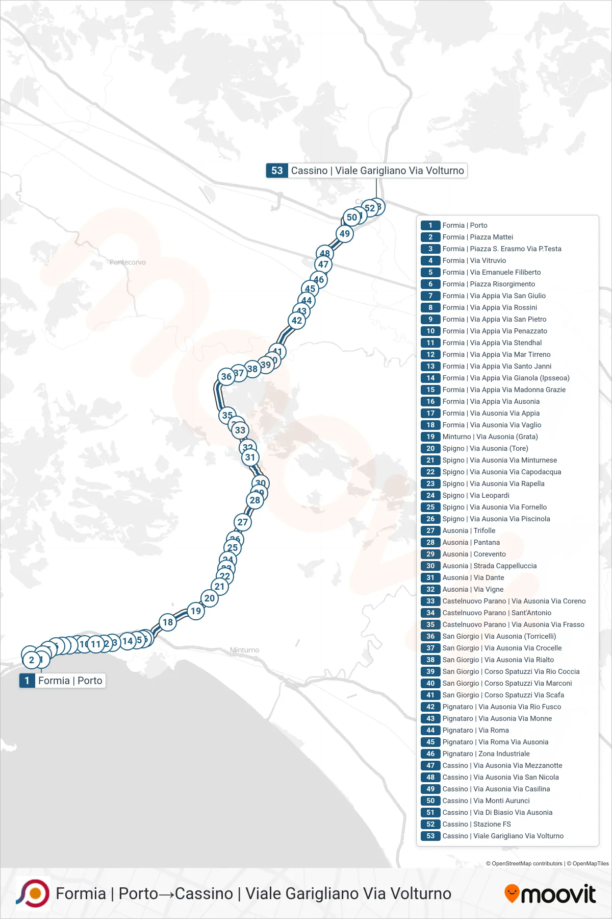 Linea COTRAL bus (Formia | Porto→Cassino | Viale Garigliano Via Volturno) - Percorsi e fermate sulla mappa