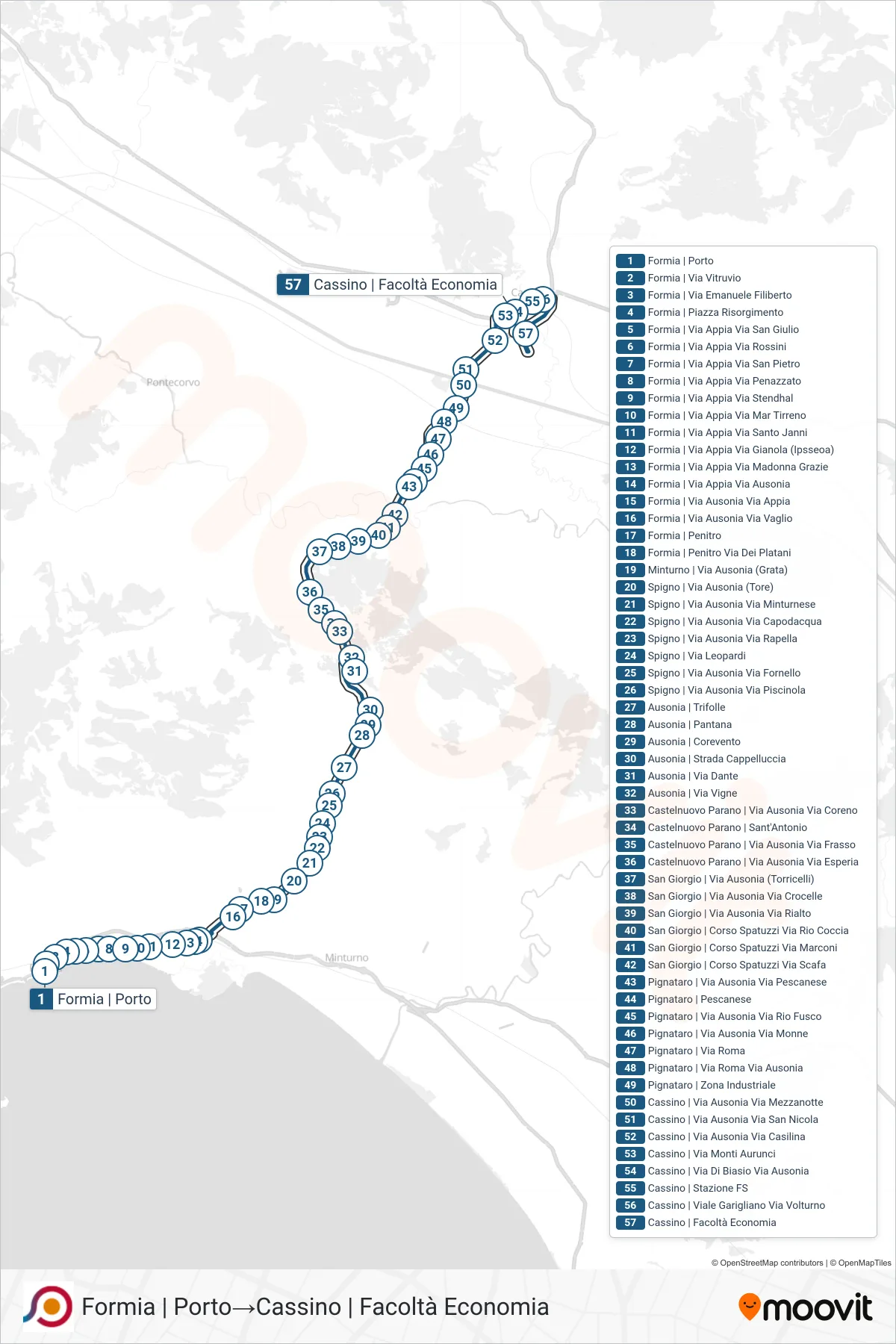 Linea COTRAL bus (Formia | Porto→Cassino | Facoltà Economia) - Percorsi e fermate sulla mappa