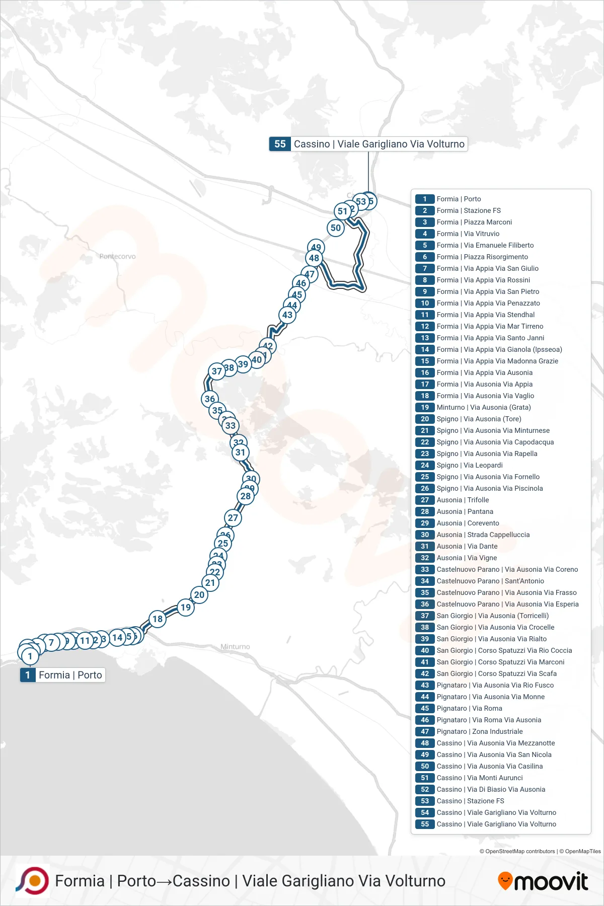 Linea COTRAL bus (Formia | Porto→Cassino | Viale Garigliano Via Volturno) - Percorsi e fermate sulla mappa