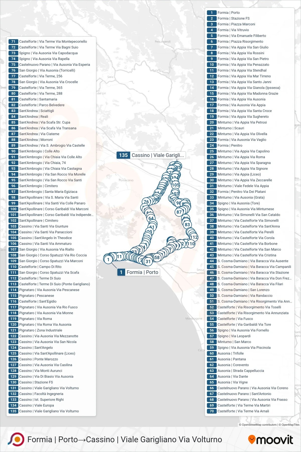 Linea COTRAL bus (Formia | Porto→Cassino | Viale Garigliano Via Volturno) - Percorsi e fermate sulla mappa