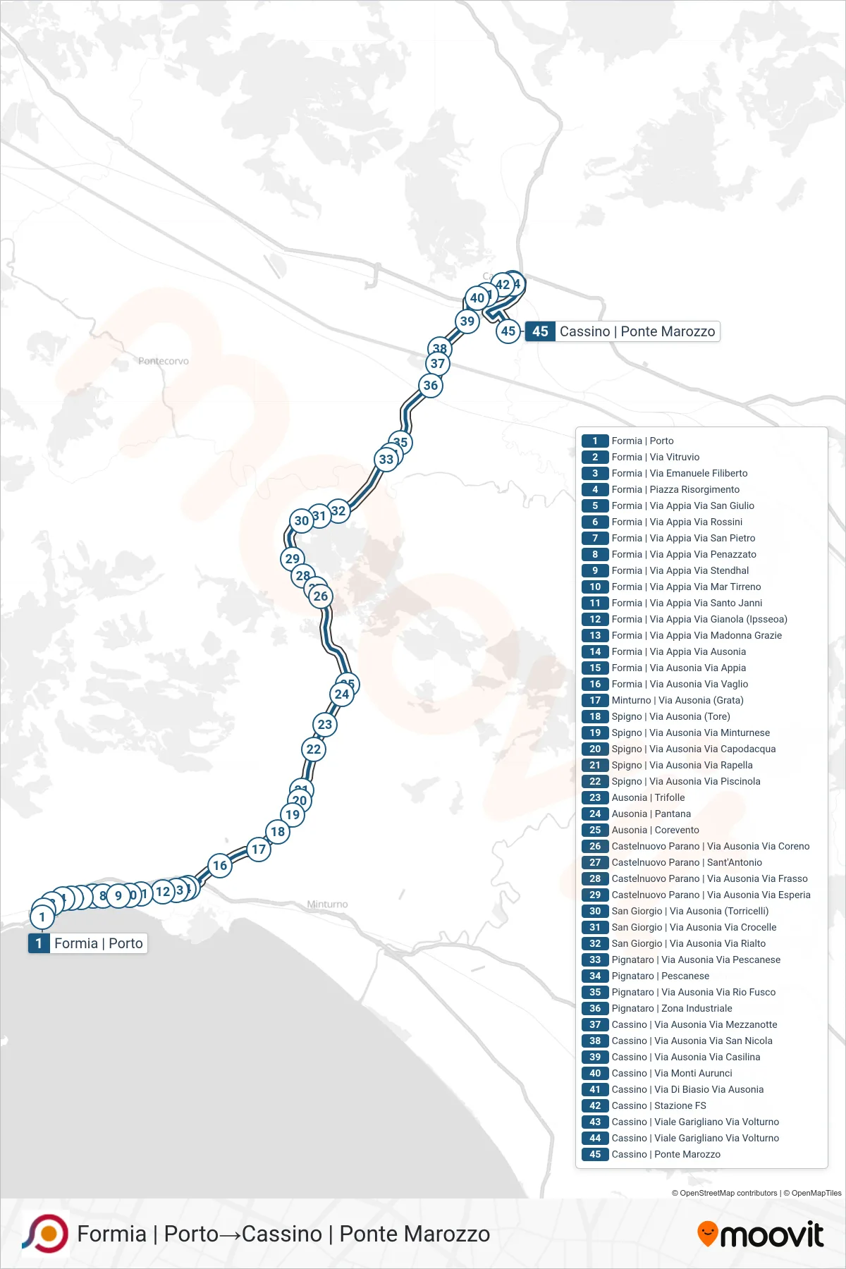 Linea COTRAL bus (Formia | Porto→Cassino | Ponte Marozzo) - Percorsi e fermate sulla mappa