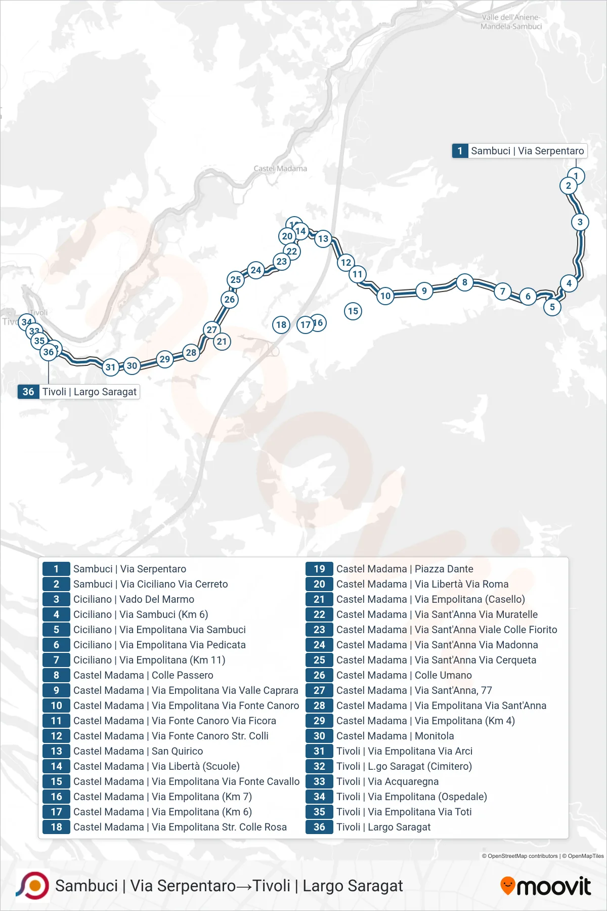 Linea COTRAL bus (Sambuci | Via Serpentaro→Tivoli | Largo Saragat) - Percorsi e fermate sulla mappa