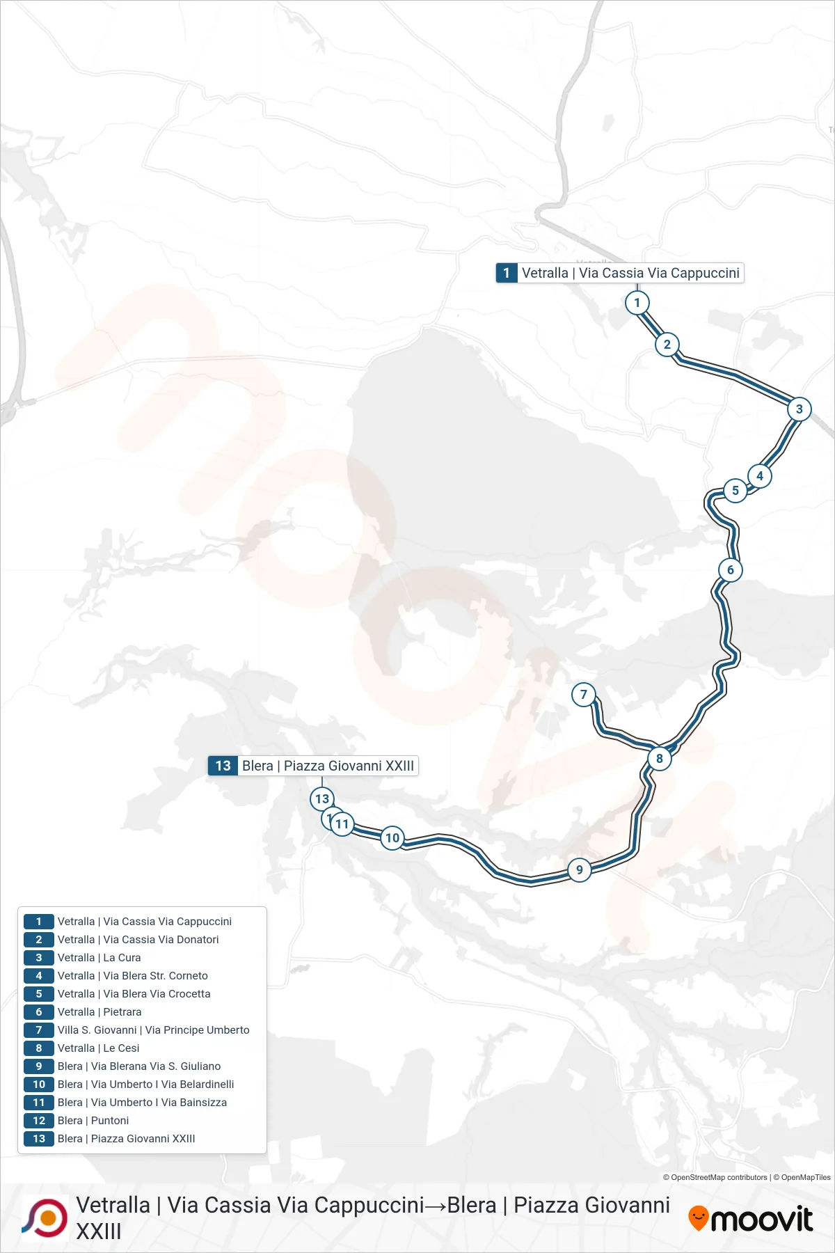 Linea COTRAL bus (Vetralla | Via Cassia Via Cappuccini→Blera | Piazza Giovanni XXIII) - Percorsi e fermate sulla mappa