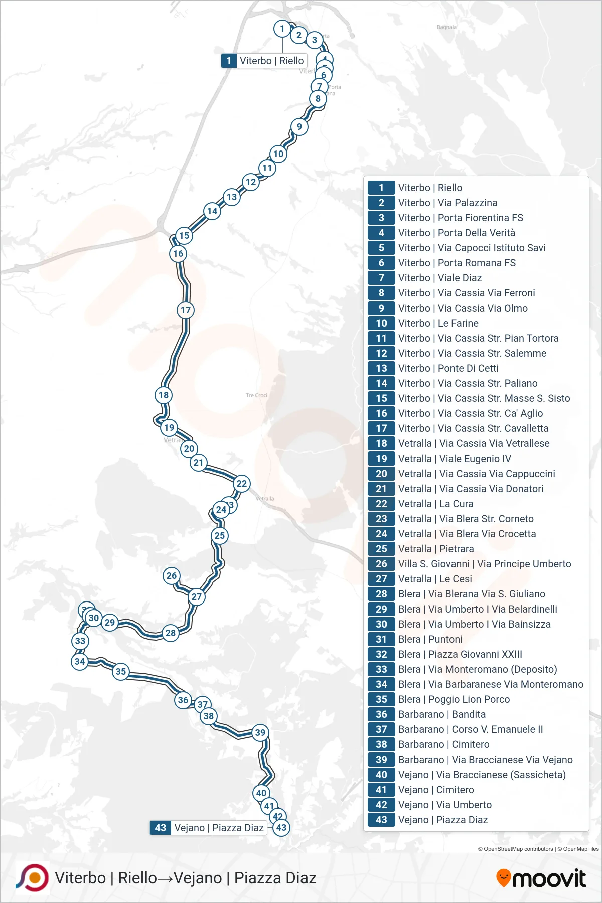 Linea COTRAL bus (Viterbo | Riello→Vejano | Piazza Diaz) - Percorsi e fermate sulla mappa