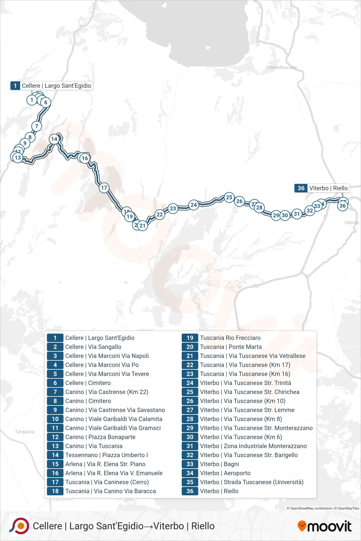 Linea COTRAL bus (Cellere | Largo Sant'Egidio→Viterbo | Riello) - Percorsi e fermate sulla mappa