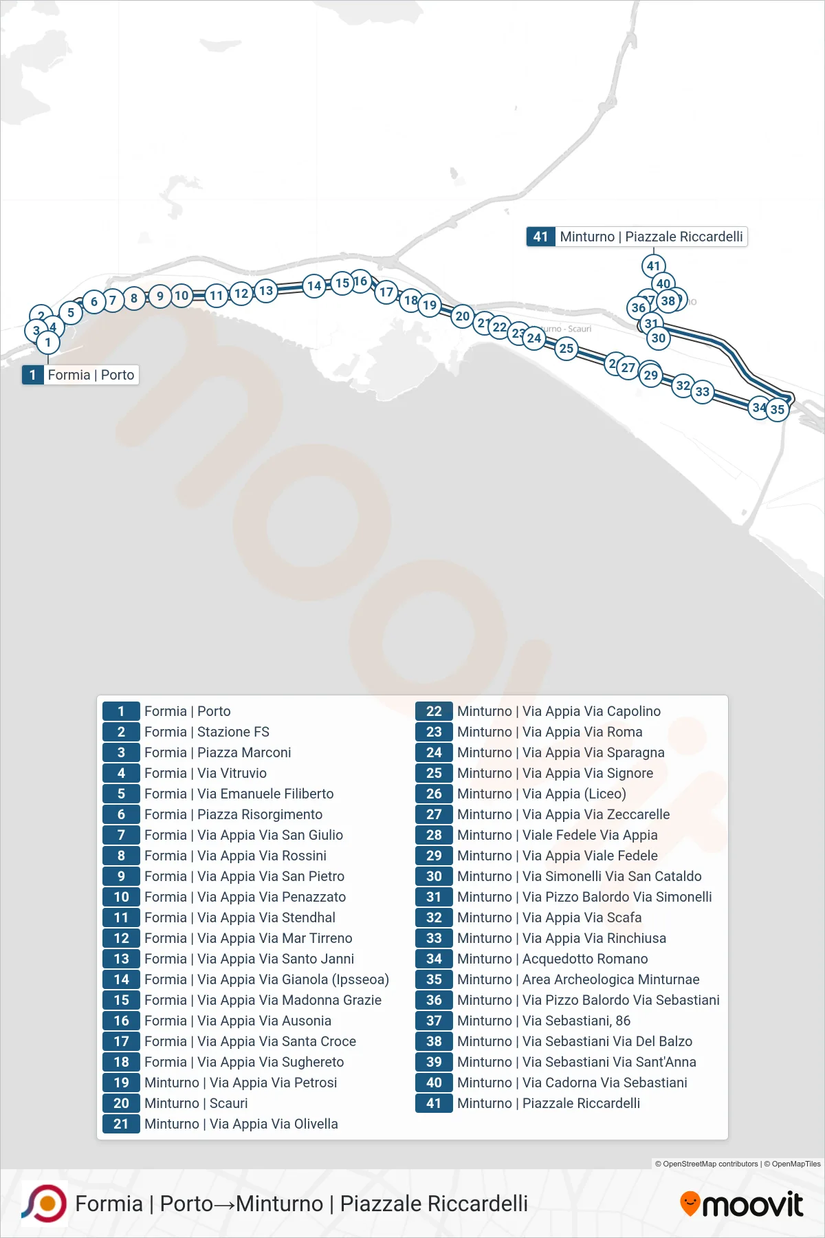 Linea COTRAL bus (Formia | Porto→Minturno | Piazzale Riccardelli) - Percorsi e fermate sulla mappa