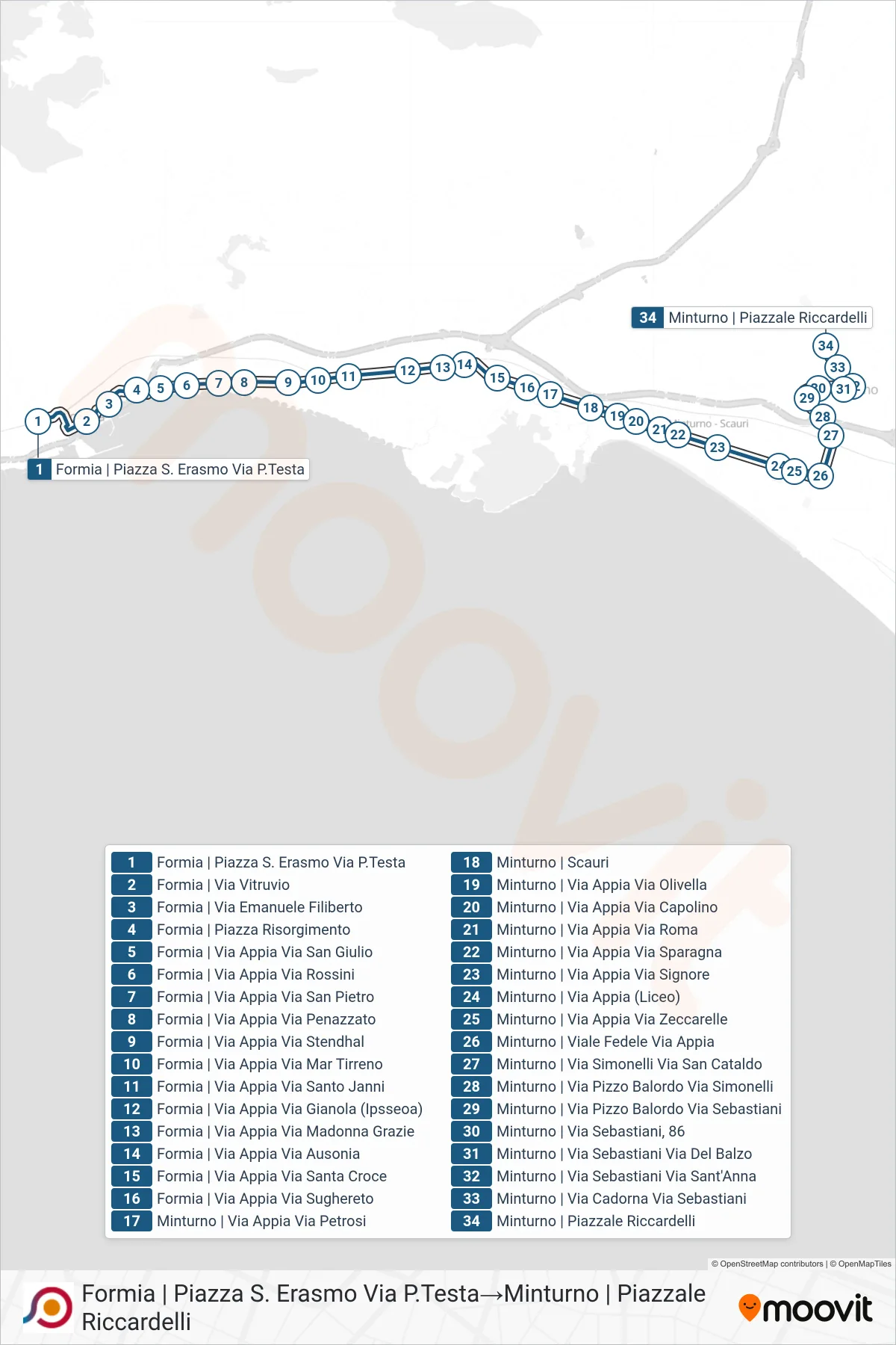 Linea COTRAL bus (Formia | Piazza S. Erasmo Via P.Testa→Minturno | Piazzale Riccardelli) - Percorsi e fermate sulla mappa