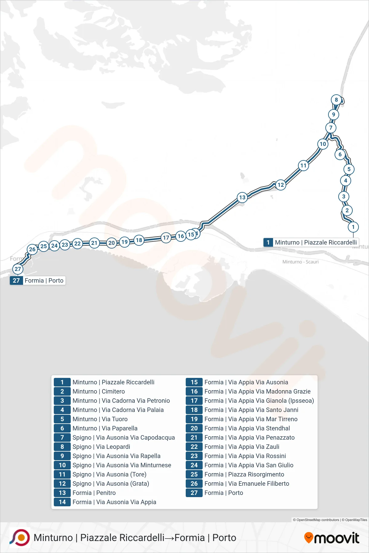 Linea COTRAL bus (Minturno | Piazzale Riccardelli→Formia | Porto) - Percorsi e fermate sulla mappa
