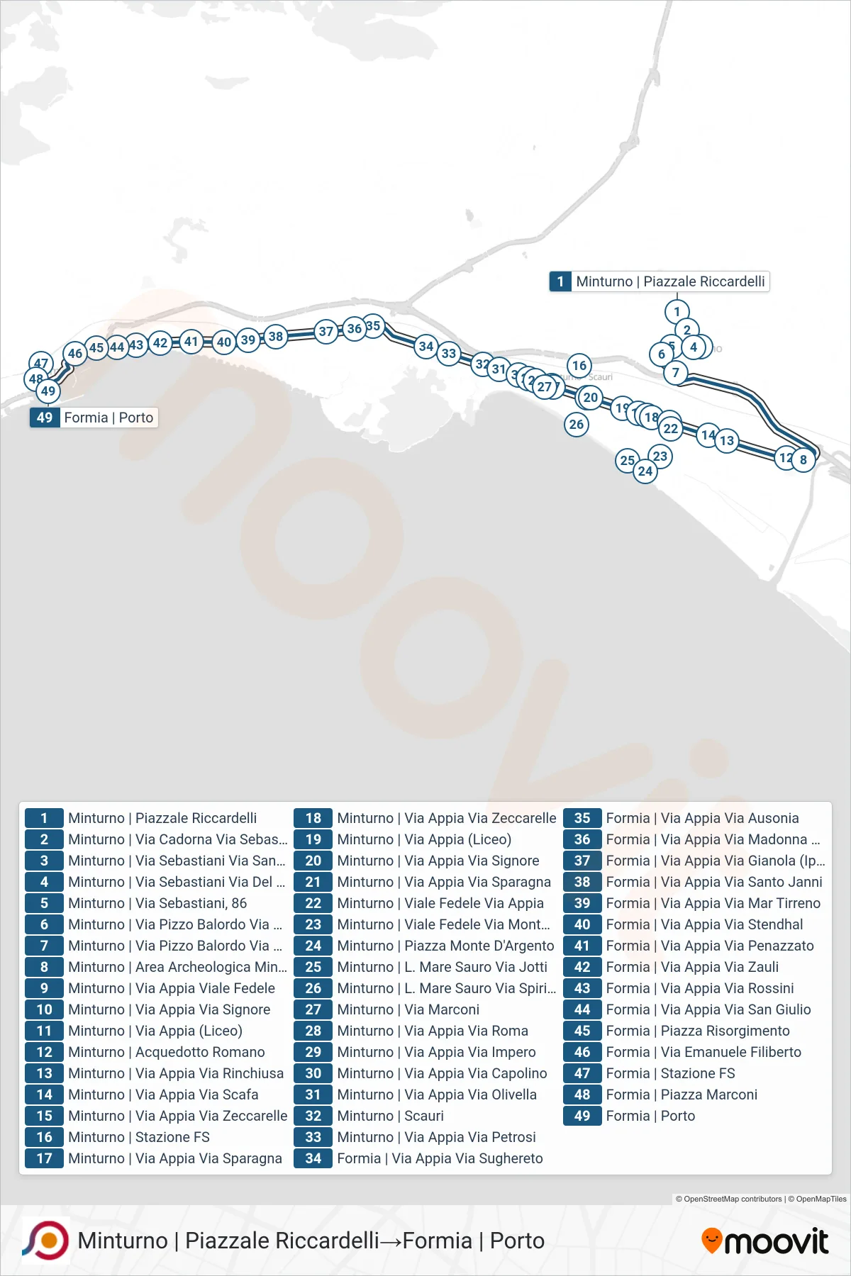 Linea COTRAL bus (Minturno | Piazzale Riccardelli→Formia | Porto) - Percorsi e fermate sulla mappa