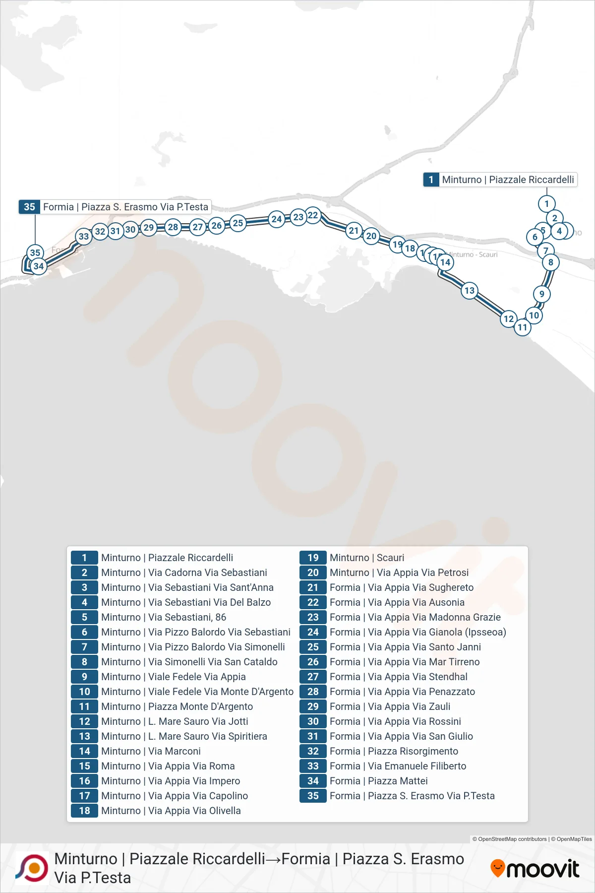 Linea COTRAL bus (Minturno | Piazzale Riccardelli→Formia | Piazza S. Erasmo Via P.Testa) - Percorsi e fermate sulla mappa
