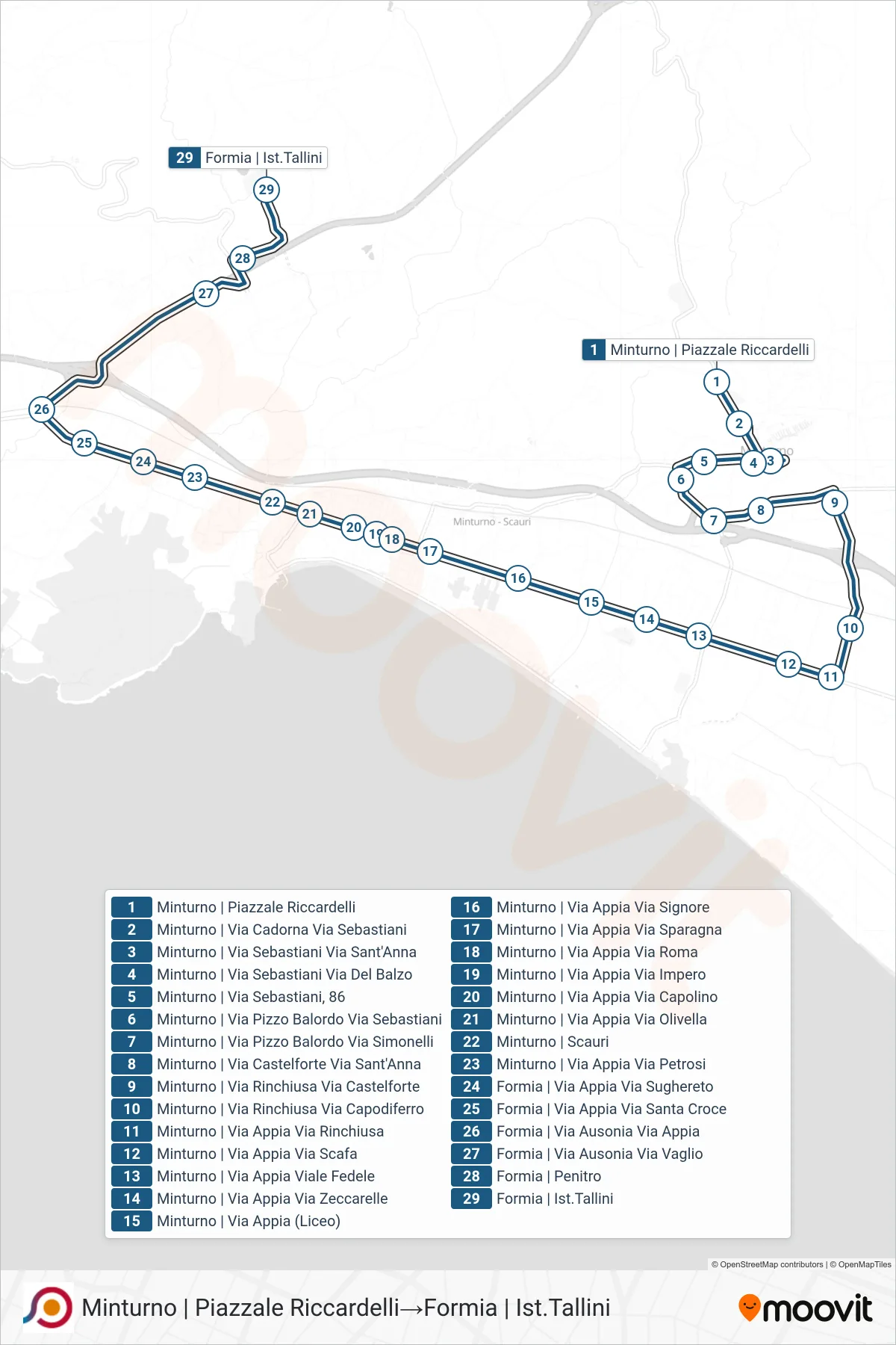Linea COTRAL bus (Minturno | Piazzale Riccardelli→Formia | Ist.Tallini) - Percorsi e fermate sulla mappa