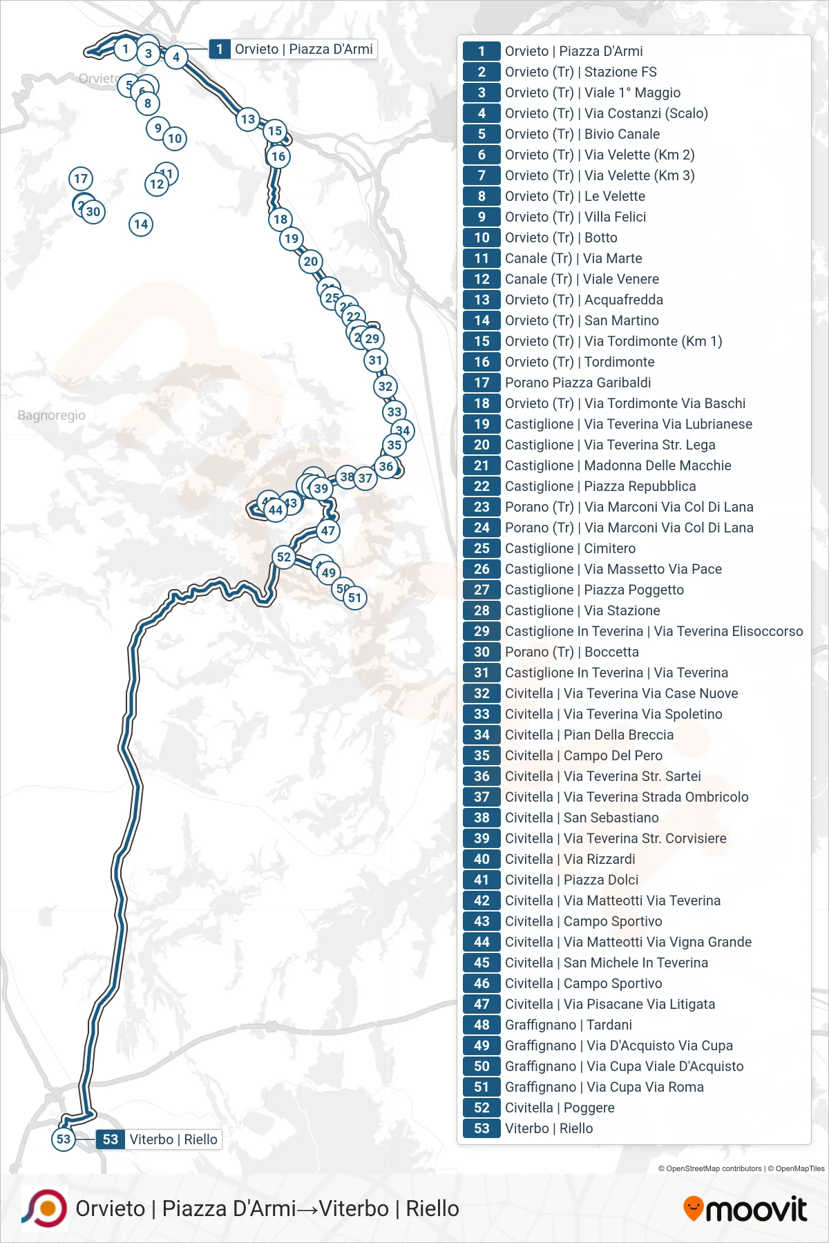 Linea COTRAL bus (Orvieto | Piazza D'Armi→Viterbo | Riello) - Percorsi e fermate sulla mappa