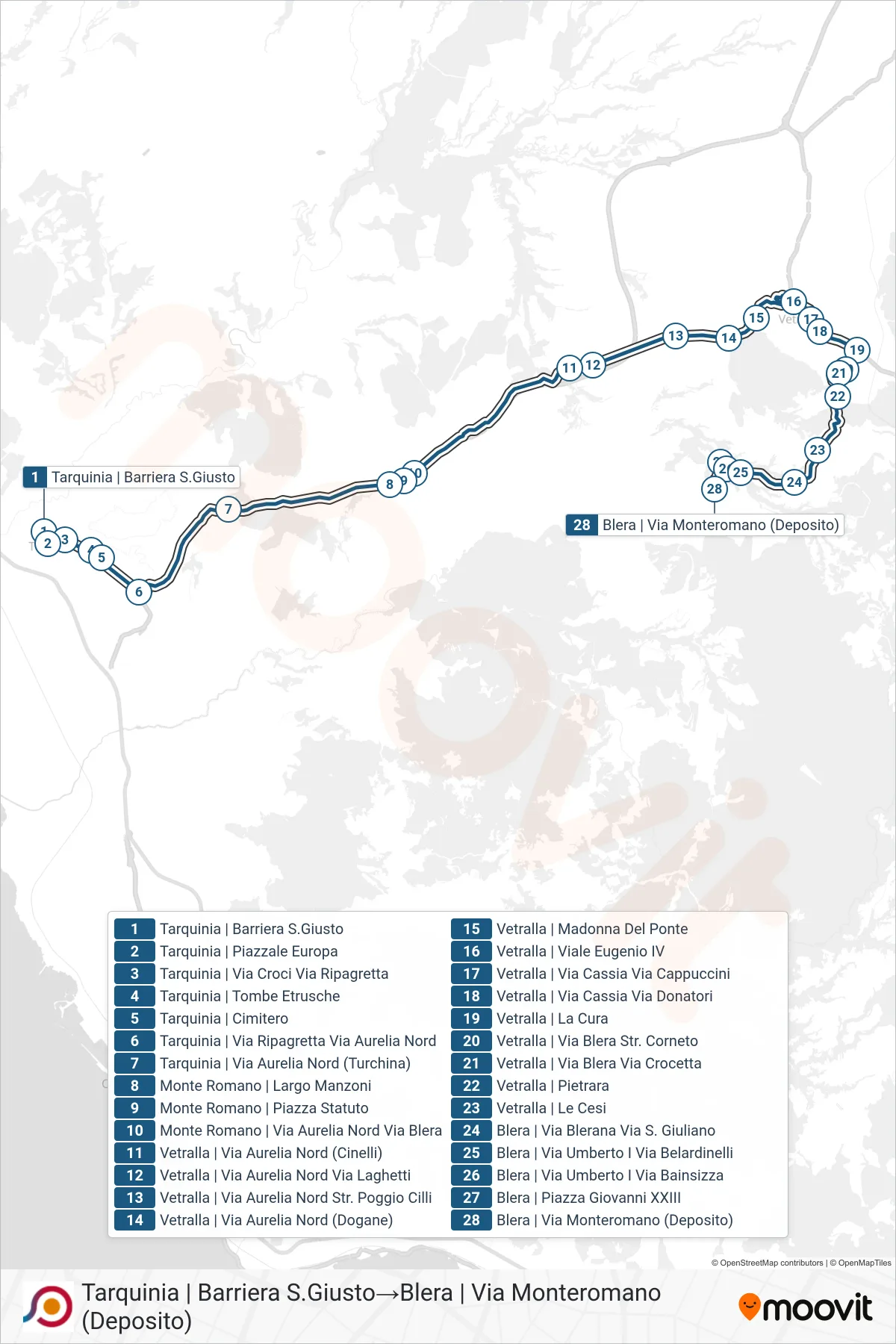 Linea COTRAL bus (Tarquinia | Barriera S.Giusto→Blera | Via Monteromano (Deposito)) - Percorsi e fermate sulla mappa