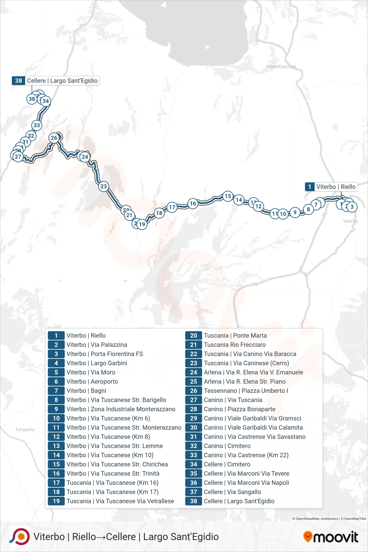 Linea COTRAL bus (Viterbo | Riello→Cellere | Largo Sant'Egidio) - Percorsi e fermate sulla mappa