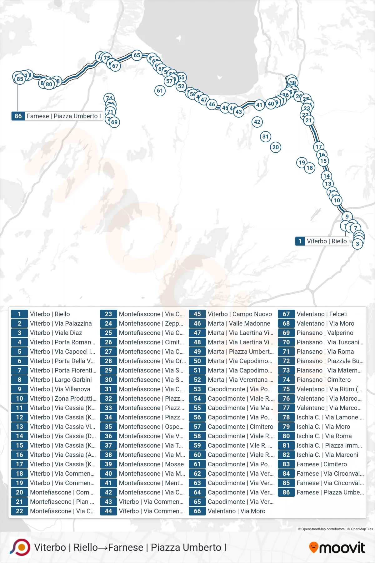 Linea COTRAL bus (Viterbo | Riello→Farnese | Piazza Umberto I) - Percorsi e fermate sulla mappa