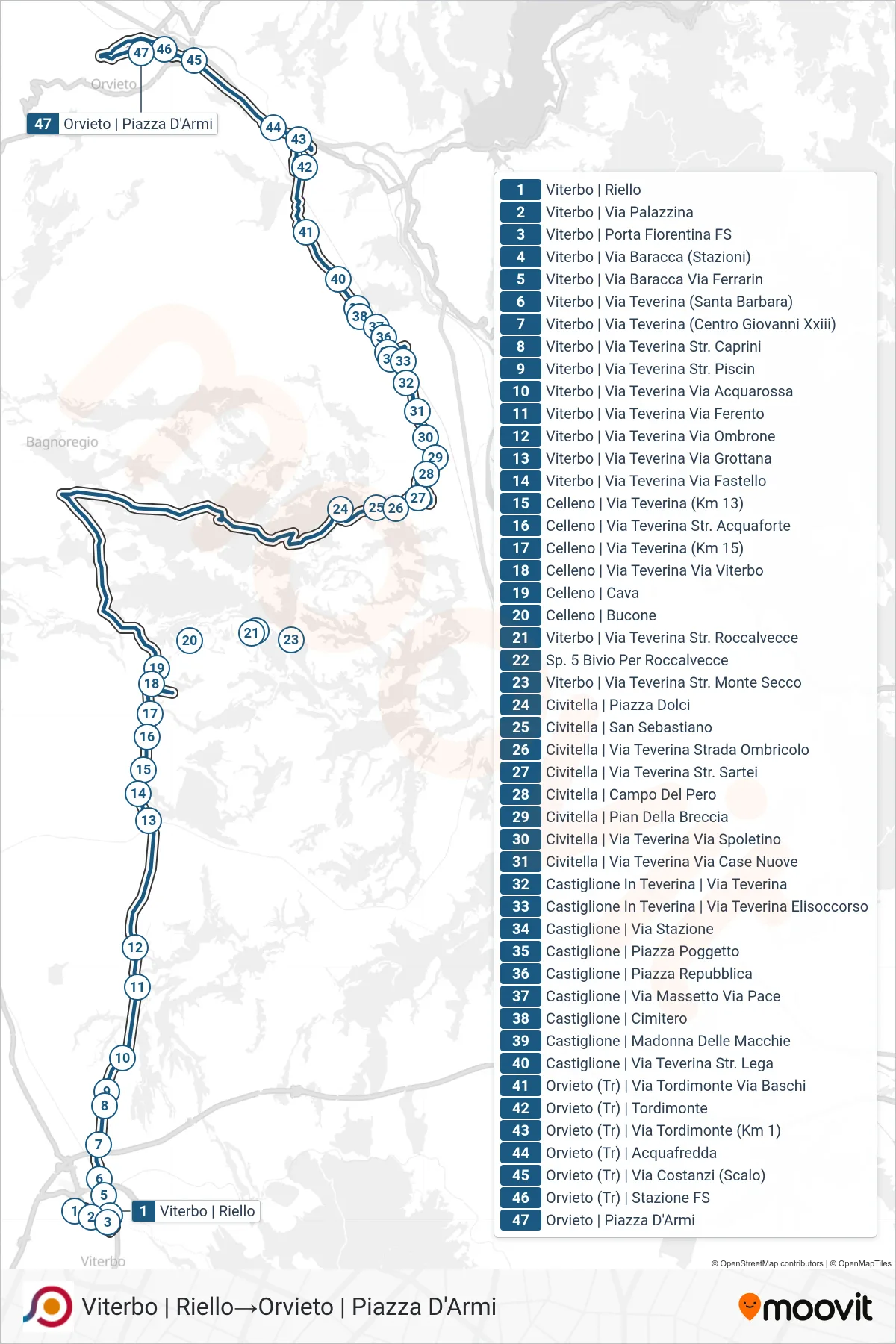 Linea COTRAL bus (Viterbo | Riello→Orvieto | Piazza D'Armi) - Percorsi e fermate sulla mappa