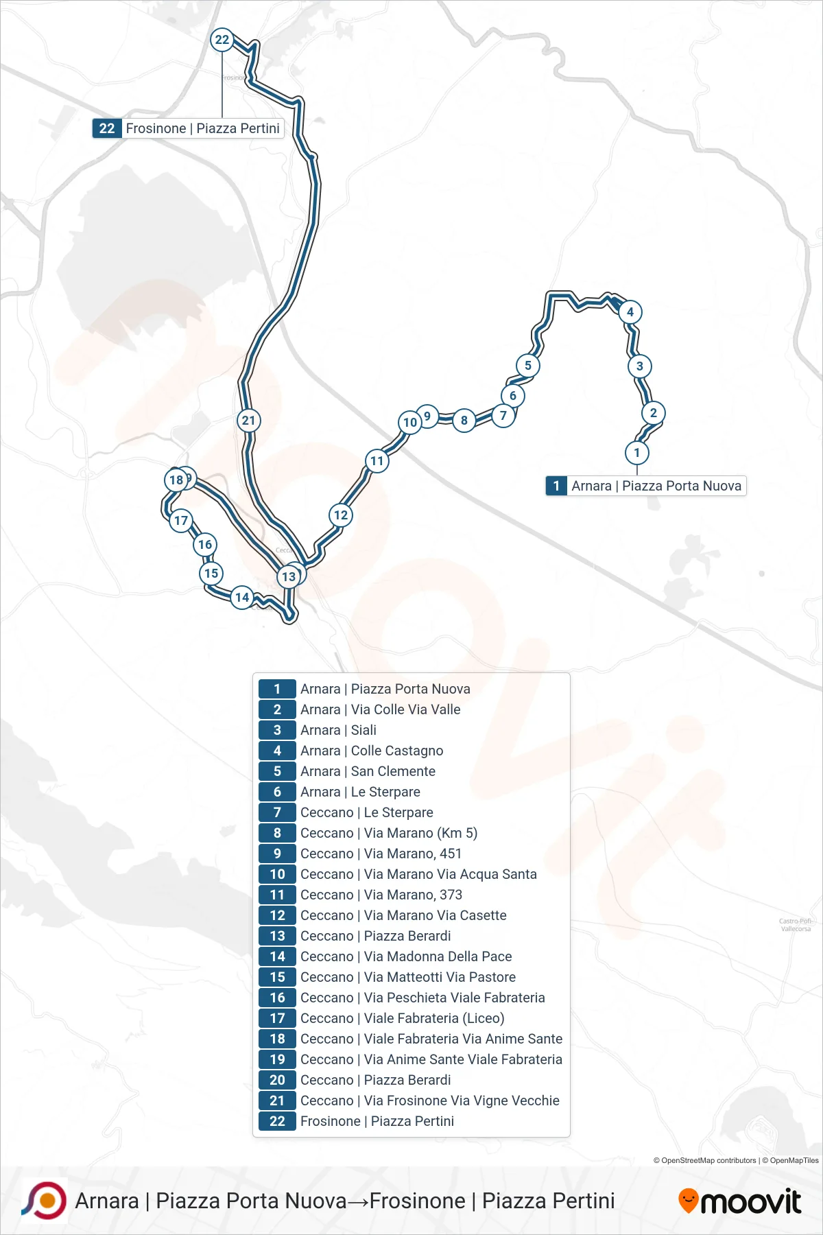 Linea COTRAL bus (Arnara | Piazza Porta Nuova→Frosinone | Piazza Pertini) - Percorsi e fermate sulla mappa