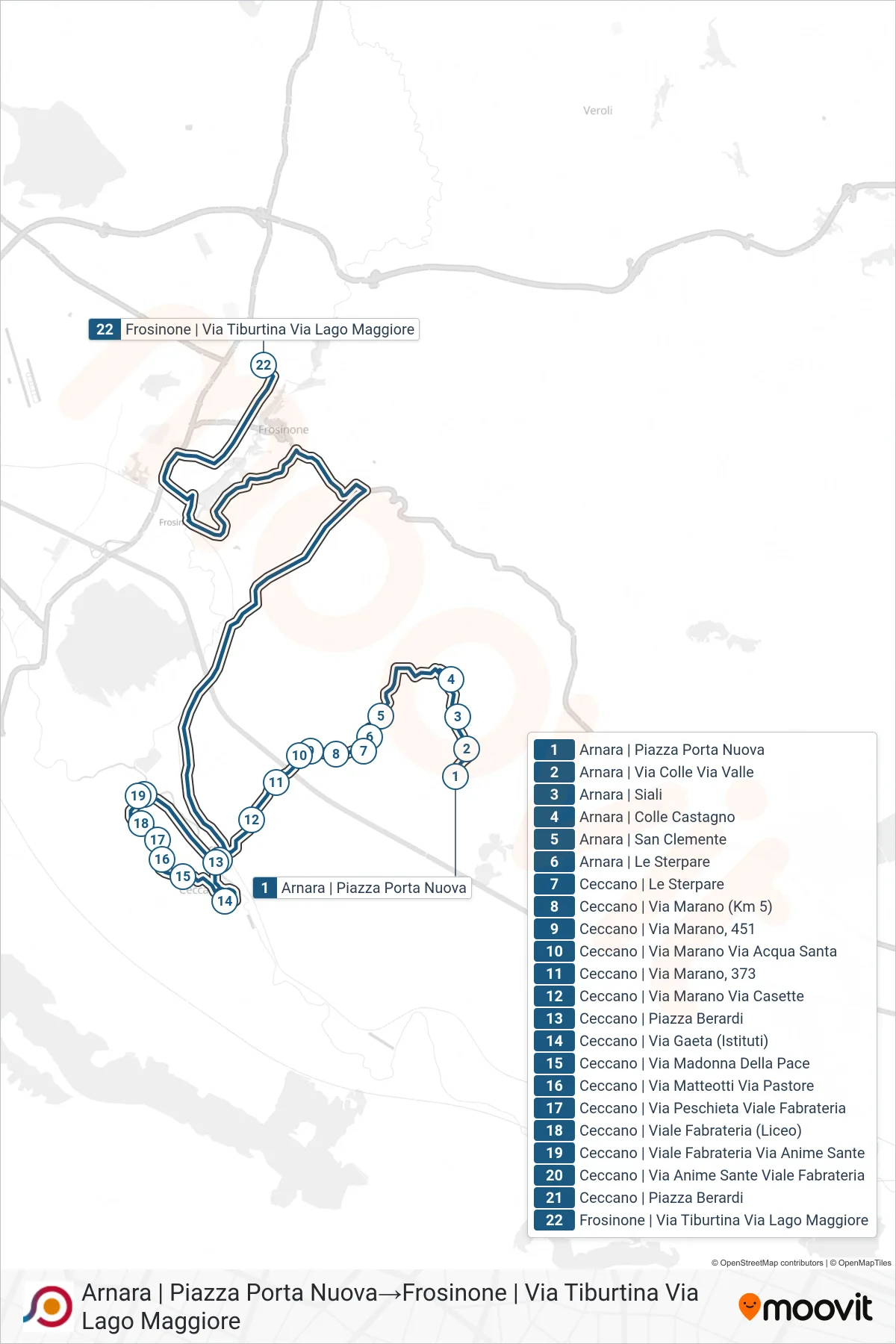 Linea COTRAL bus (Arnara | Piazza Porta Nuova→Frosinone | Via Tiburtina Via Lago Maggiore) - Percorsi e fermate sulla mappa