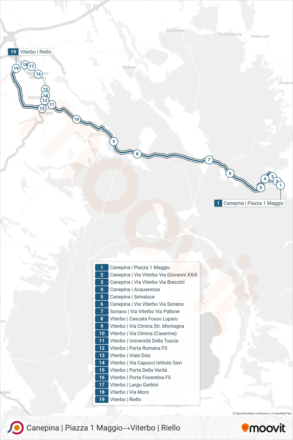 Linea COTRAL bus (Canepina | Piazza 1 Maggio→Viterbo | Riello) - Percorsi e fermate sulla mappa