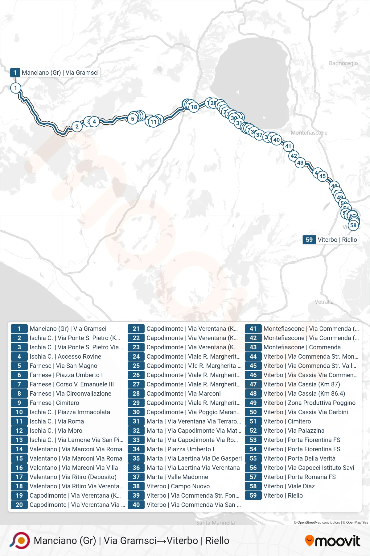Linea COTRAL bus (Manciano (Gr) | Via Gramsci→Viterbo | Riello) - Percorsi e fermate sulla mappa
