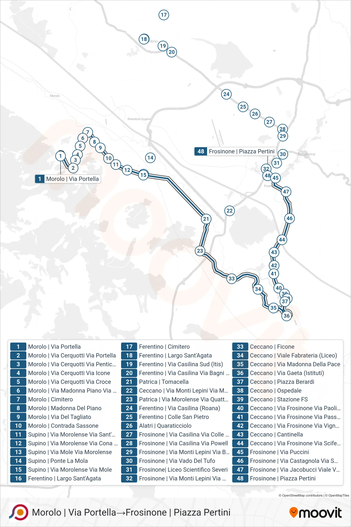Linea COTRAL bus (Morolo | Via Portella→Frosinone | Piazza Pertini) - Percorsi e fermate sulla mappa