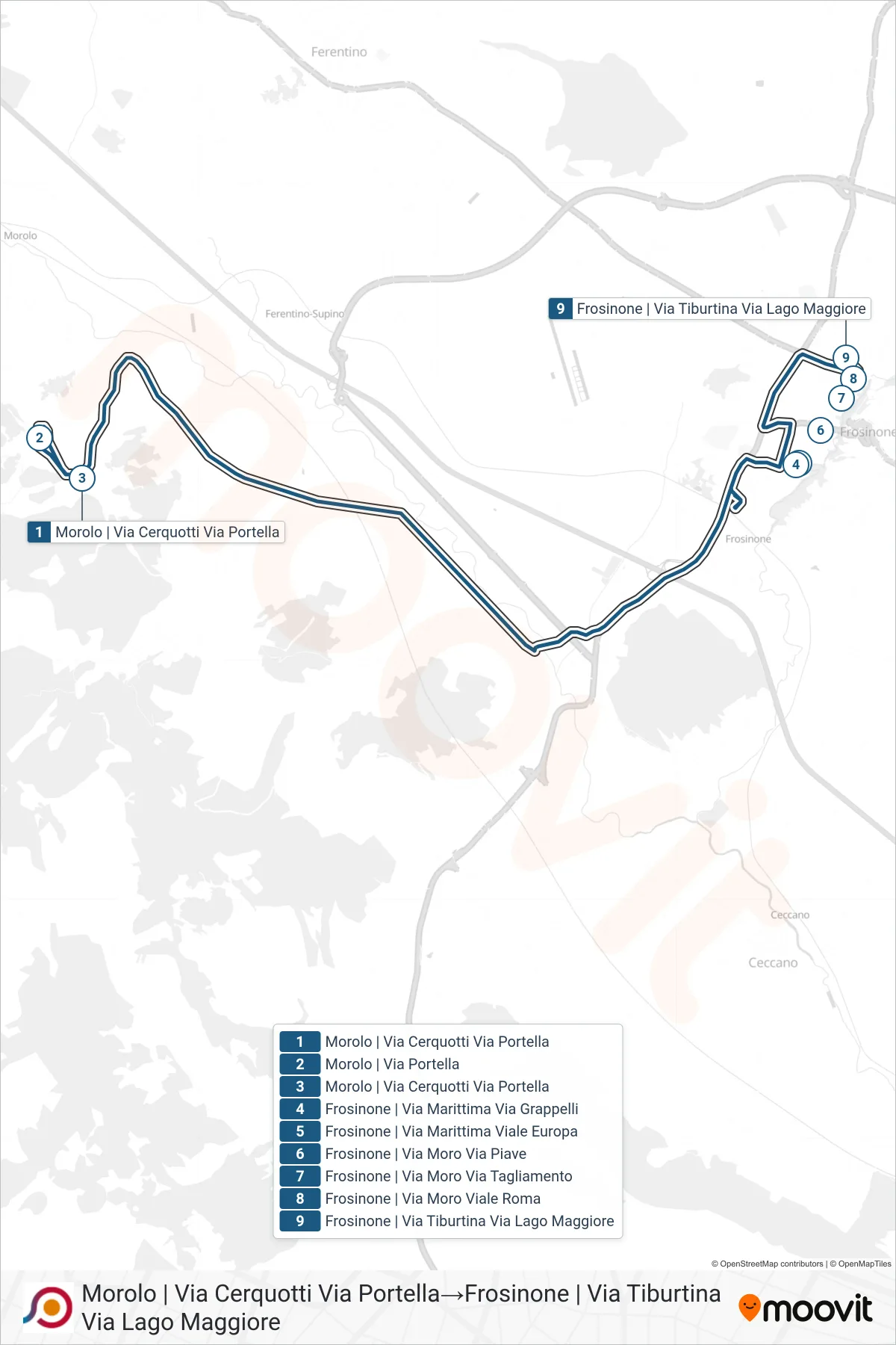 Linea COTRAL bus (Morolo | Via Cerquotti Via Portella→Frosinone | Via Tiburtina Via Lago Maggiore) - Percorsi e fermate sulla mappa