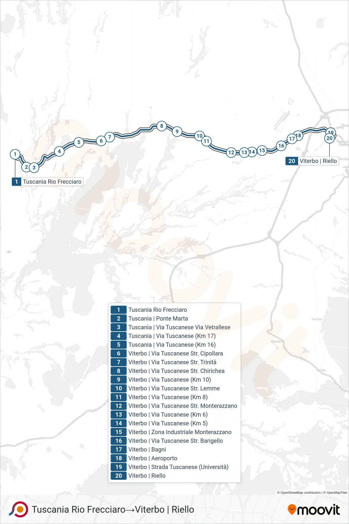 Linea COTRAL bus (Tuscania Rio Frecciaro→Viterbo | Riello) - Percorsi e fermate sulla mappa