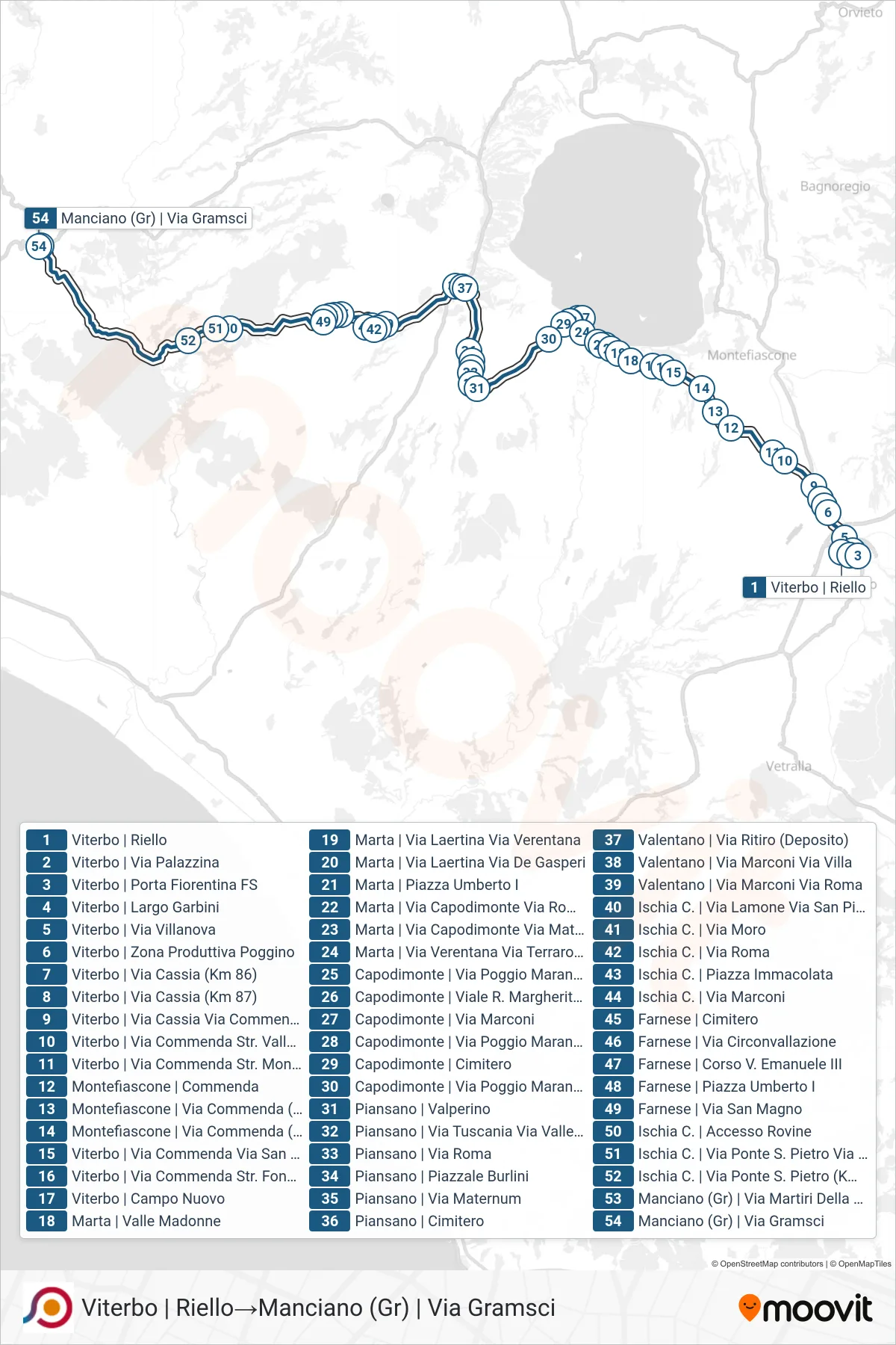 Linea COTRAL bus (Viterbo | Riello→Manciano (Gr) | Via Gramsci) - Percorsi e fermate sulla mappa