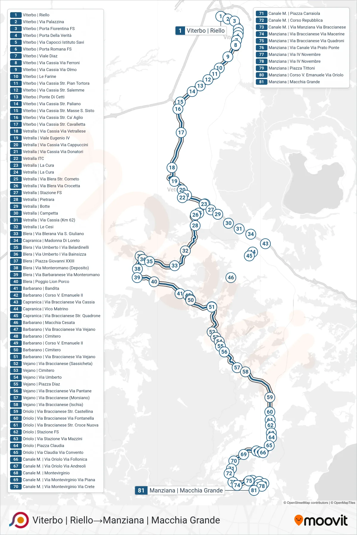 Linea COTRAL bus (Viterbo | Riello→Manziana | Macchia Grande) - Percorsi e fermate sulla mappa