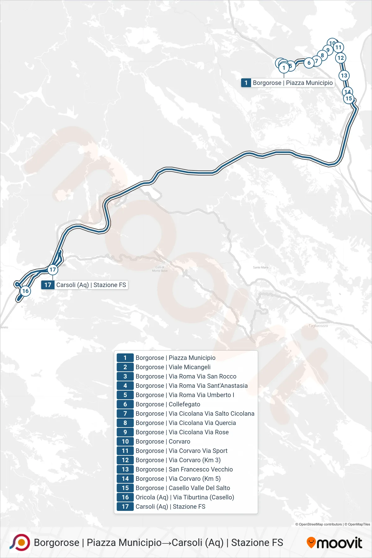 Linea COTRAL bus (Borgorose | Piazza Municipio→Carsoli (Aq) | Stazione FS) - Percorsi e fermate sulla mappa