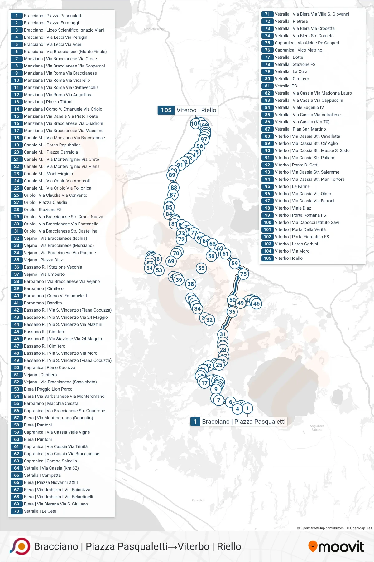 Linea COTRAL bus (Bracciano | Piazza Pasqualetti→Viterbo | Riello) - Percorsi e fermate sulla mappa