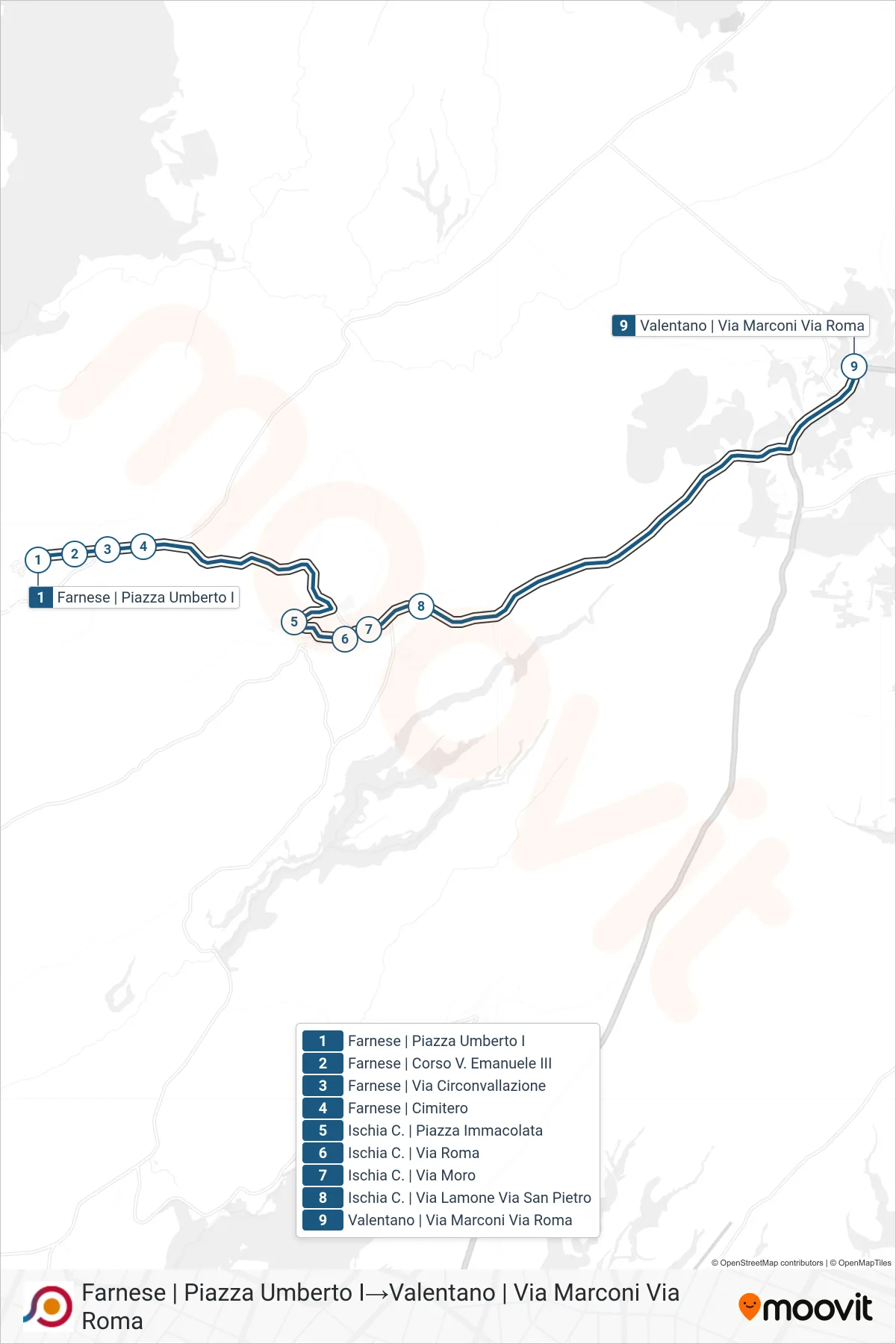 Linea COTRAL bus (Farnese | Piazza Umberto I→Valentano | Via Marconi Via Roma) - Percorsi e fermate sulla mappa